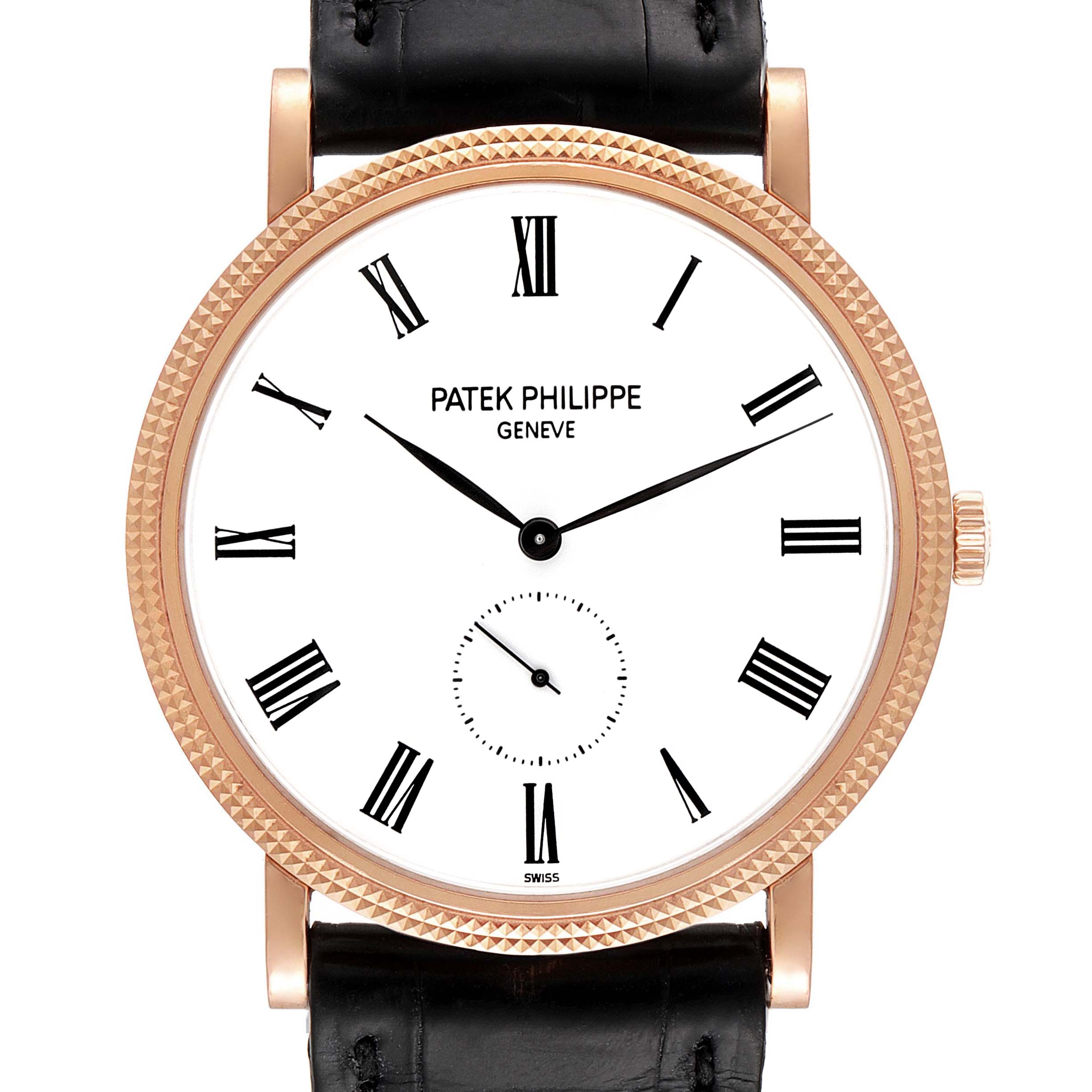 The image shows a frontal view of the Patek Philippe Calatrava 5119R Men's Rose Gold White Dial 5119R Men's Rose Gold White Dial watch, displaying its dial, hands, and bezel along with a portion of the strap.