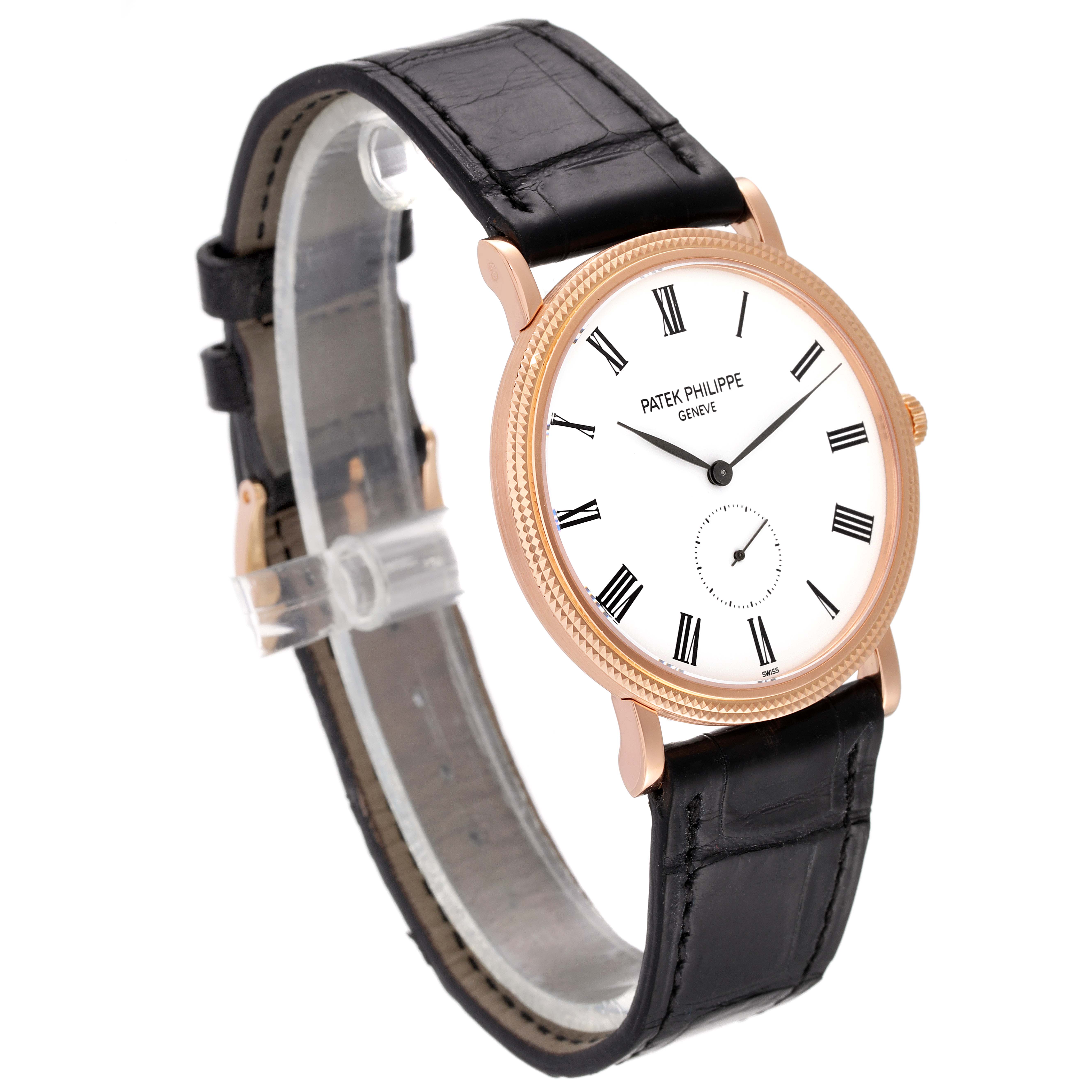The image shows a Patek Philippe Calatrava 5119R Men's Rose Gold White Dial 5119R Men's Rose Gold White Dial watch at a three-quarter angle, highlighting the dial, case, and leather strap.