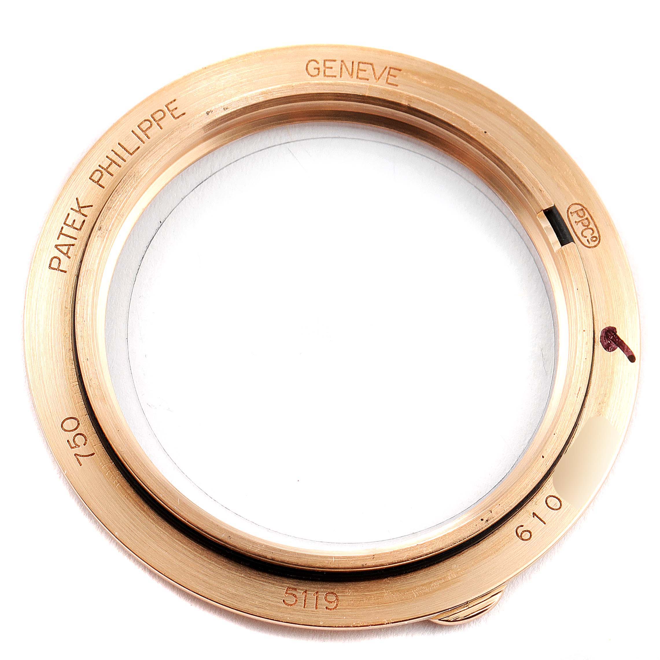 The image shows a close-up of the case back for a Patek Philippe Calatrava 5119R Men's Rose Gold White Dial 5119R Men's Rose Gold White Dial model watch.