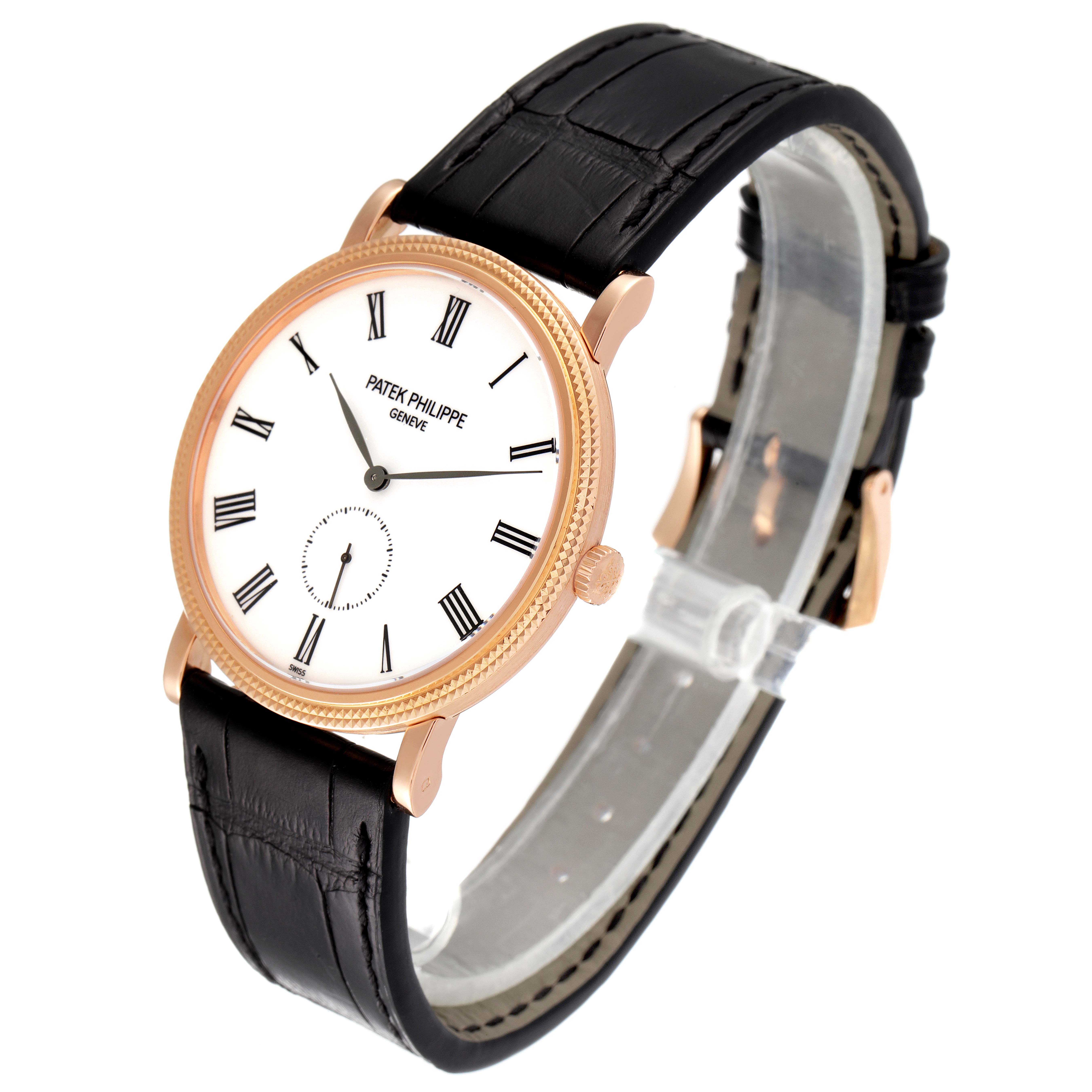 This Patek Philippe Calatrava 5119R Men's Rose Gold White Dial 5119R Men's Rose Gold White Dial watch is shown at a slight angle, displaying the face, case, crown, and strap.
