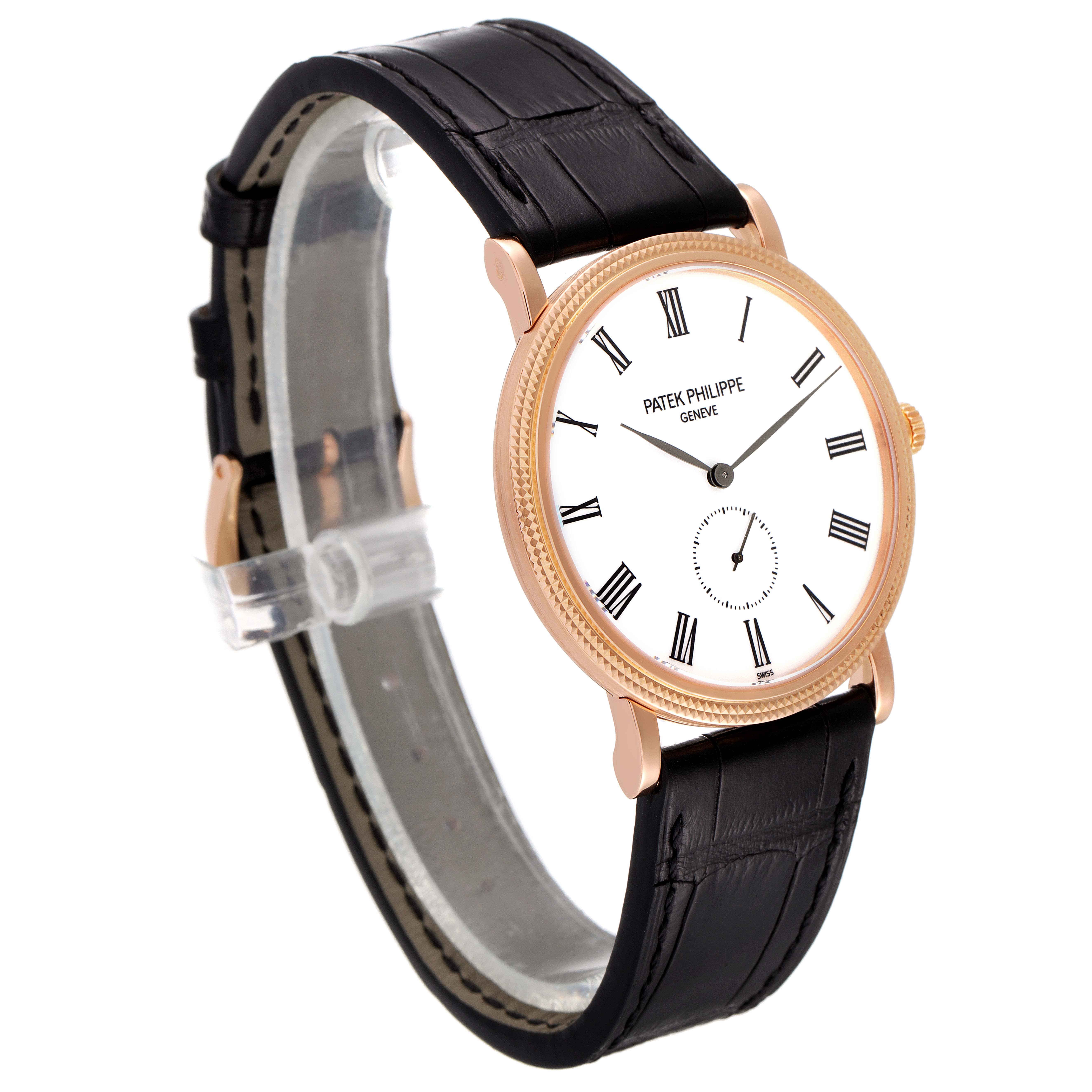 The image shows a side perspective of the Patek Philippe Calatrava 5119R Men's Rose Gold White Dial 5119R Men's Rose Gold White Dial watch, highlighting its face, strap, and side profile.