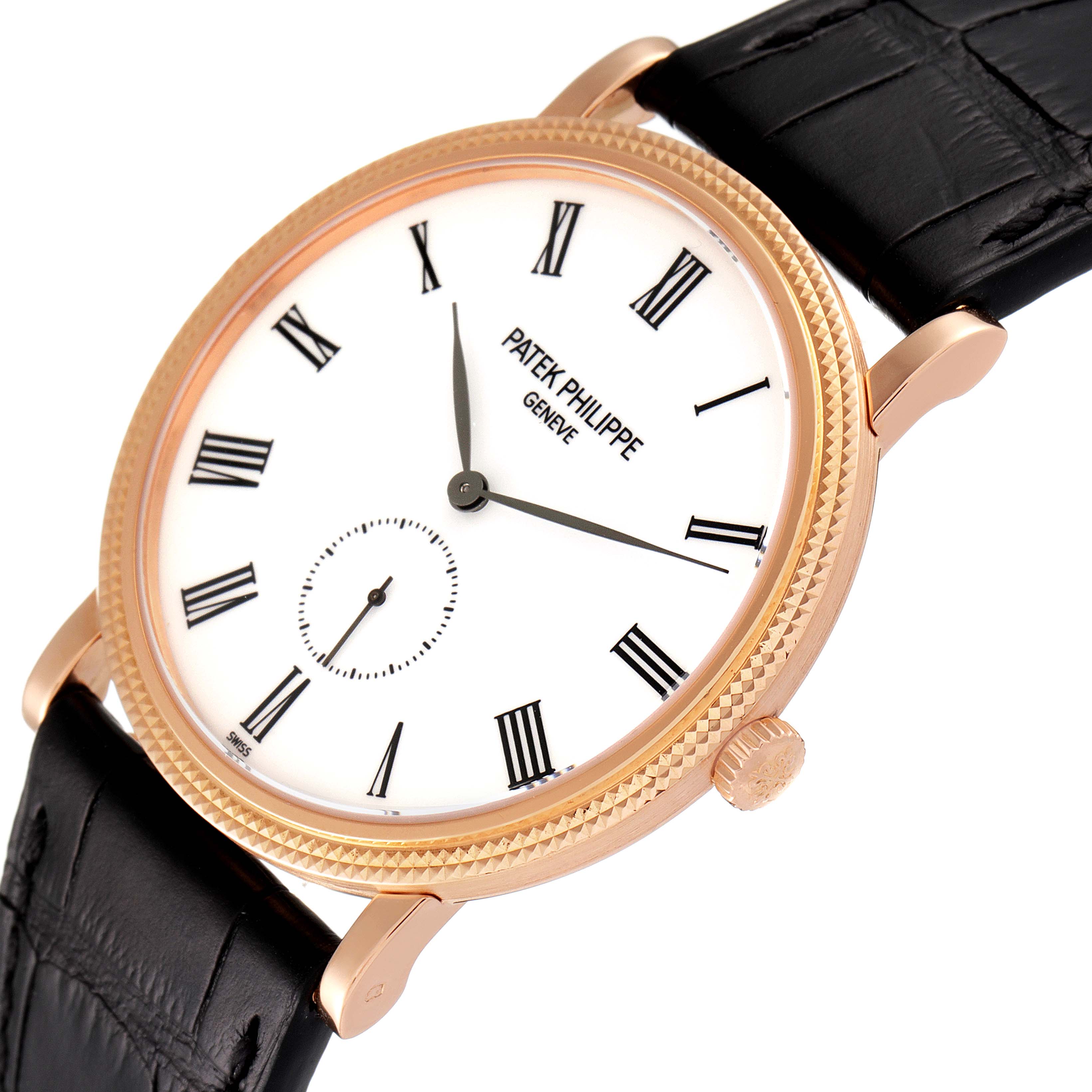 This Patek Philippe Calatrava 5119R Men's Rose Gold White Dial 5119R Men's Rose Gold White Dial watch is shown at a slight angle, highlighting the face, bezel, crown, and part of the strap.