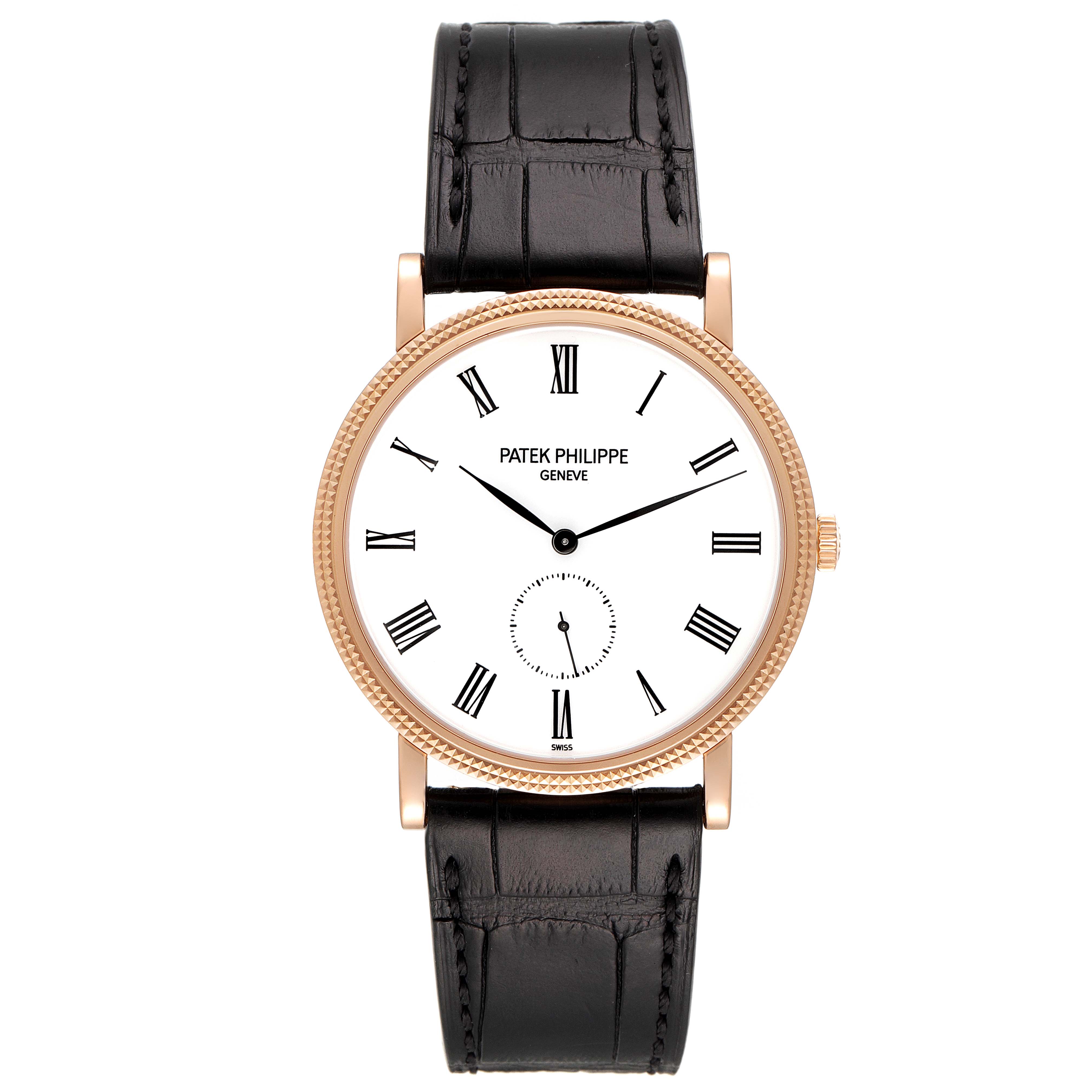 The image shows a front view of a Patek Philippe Calatrava 5119R Men's Rose Gold White Dial 5119R Men's Rose Gold White Dial watch with a white dial, Roman numerals, and a black leather strap.