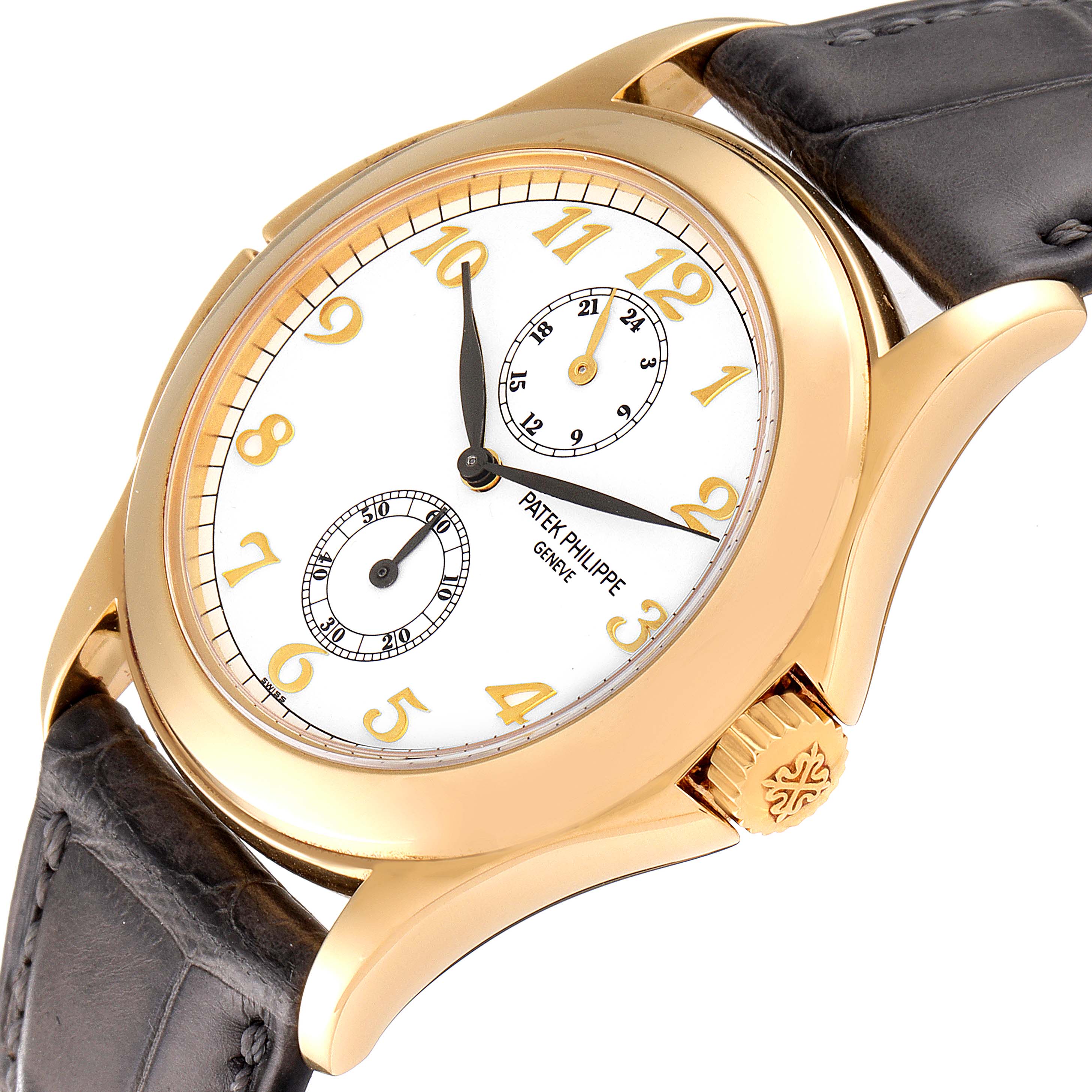 The image shows a side angle of the Patek Philippe Calatrava 5134J Men's Yellow Gold White Dial 5134J Men's Yellow Gold White Dial watch, highlighting its face, dial, and leather strap.