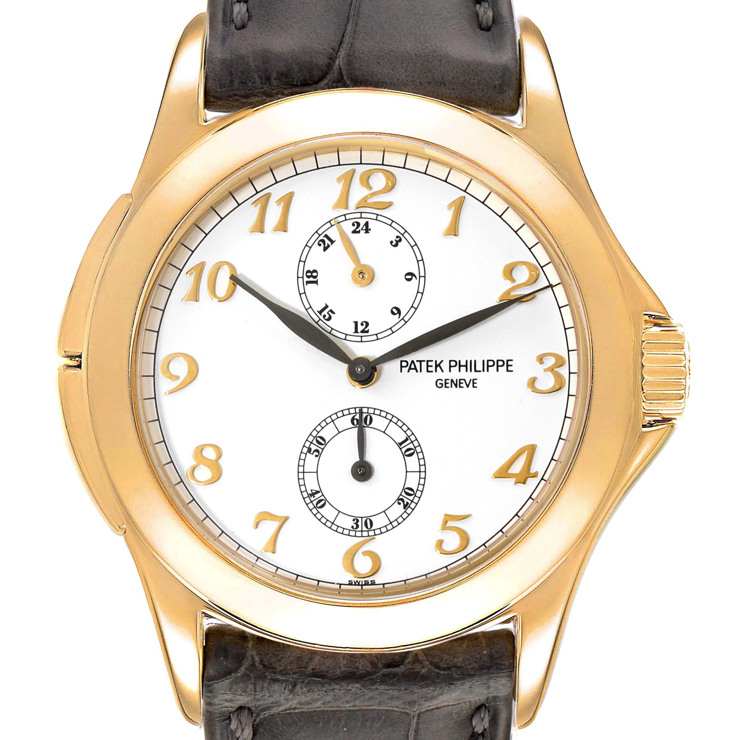 The image shows a front view of a Patek Philippe Calatrava 5134J Men's Yellow Gold White Dial 5134J Men's Yellow Gold White Dial watch with a gold case and brown leather strap.