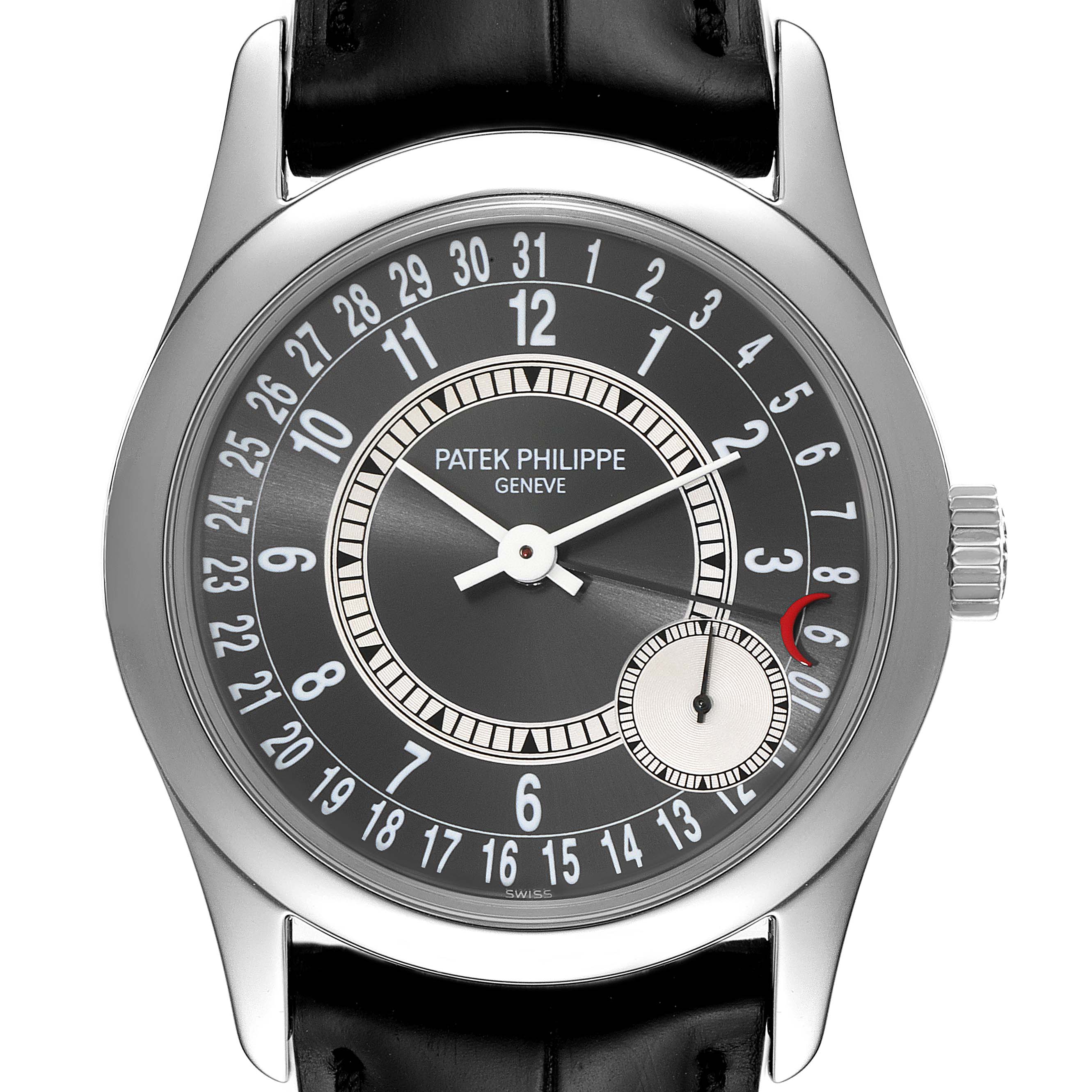 The image shows a front view of a Patek Philippe Calatrava 6000G Men
s White Gold Grey Dial 6000G Men
s White Gold Grey Dial watch, highlighting its dial, hands, indices, and crown.