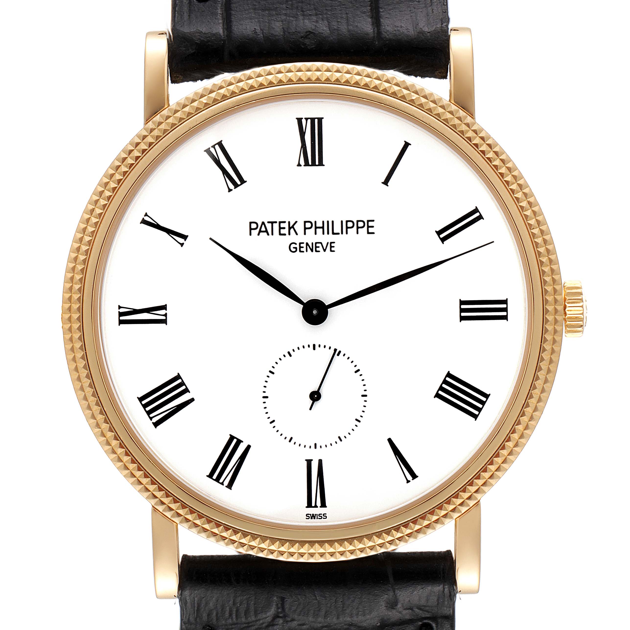 This image shows a close-up view of the Patek Philippe Calatrava 5119J Men
s Yellow Gold White Dial 5119J Men
s Yellow Gold White Dial watch face, highlighting the dial, Roman numerals, and detailed bezel.