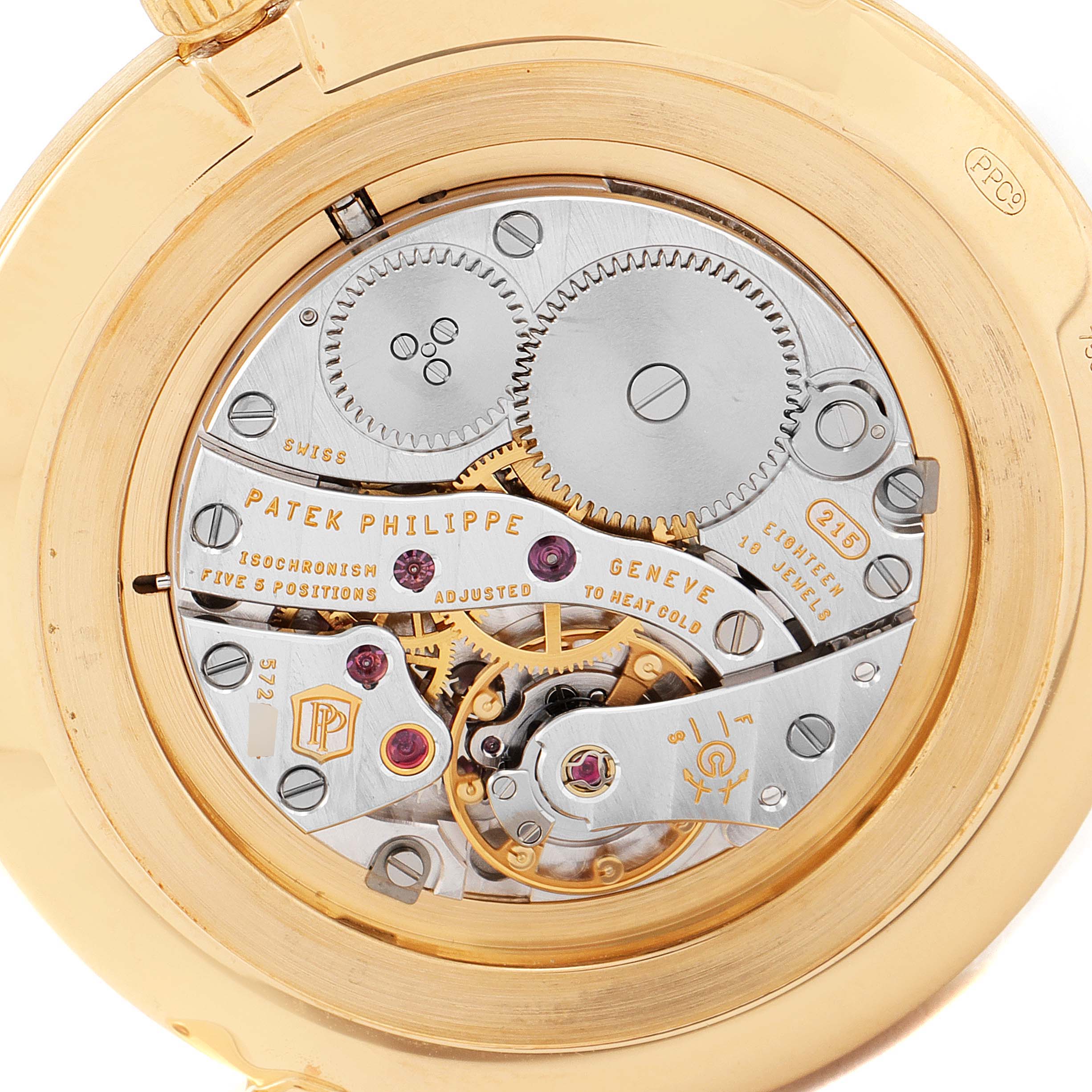 This is an image of the movement mechanism inside a Patek Philippe Calatrava 5119J Men
s Yellow Gold White Dial 5119J Men
s Yellow Gold White Dial watch, viewed from the rear.