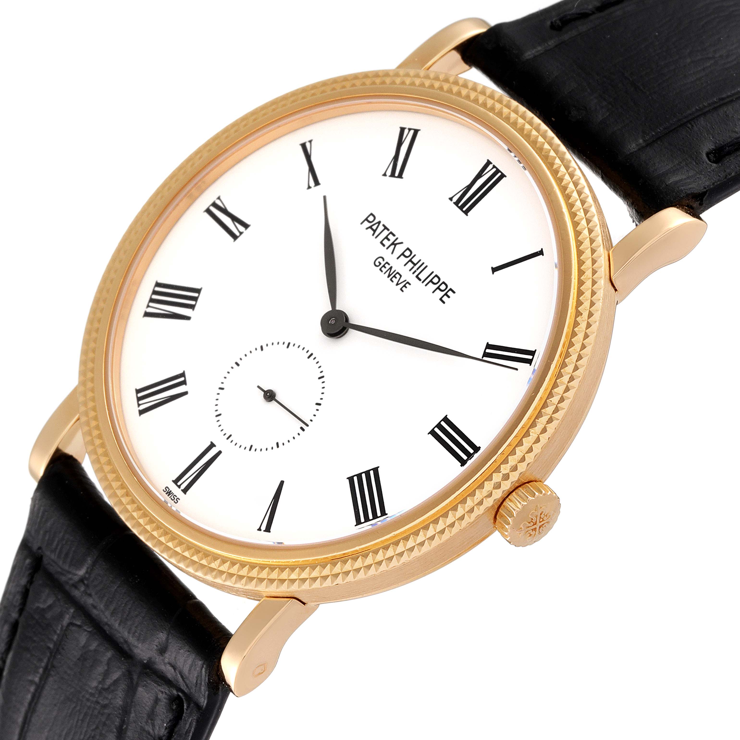 This image shows a Patek Philippe Calatrava 5119J Men
s Yellow Gold White Dial 5119J Men
s Yellow Gold White Dial model watch angled to highlight its face, crown, and strap.