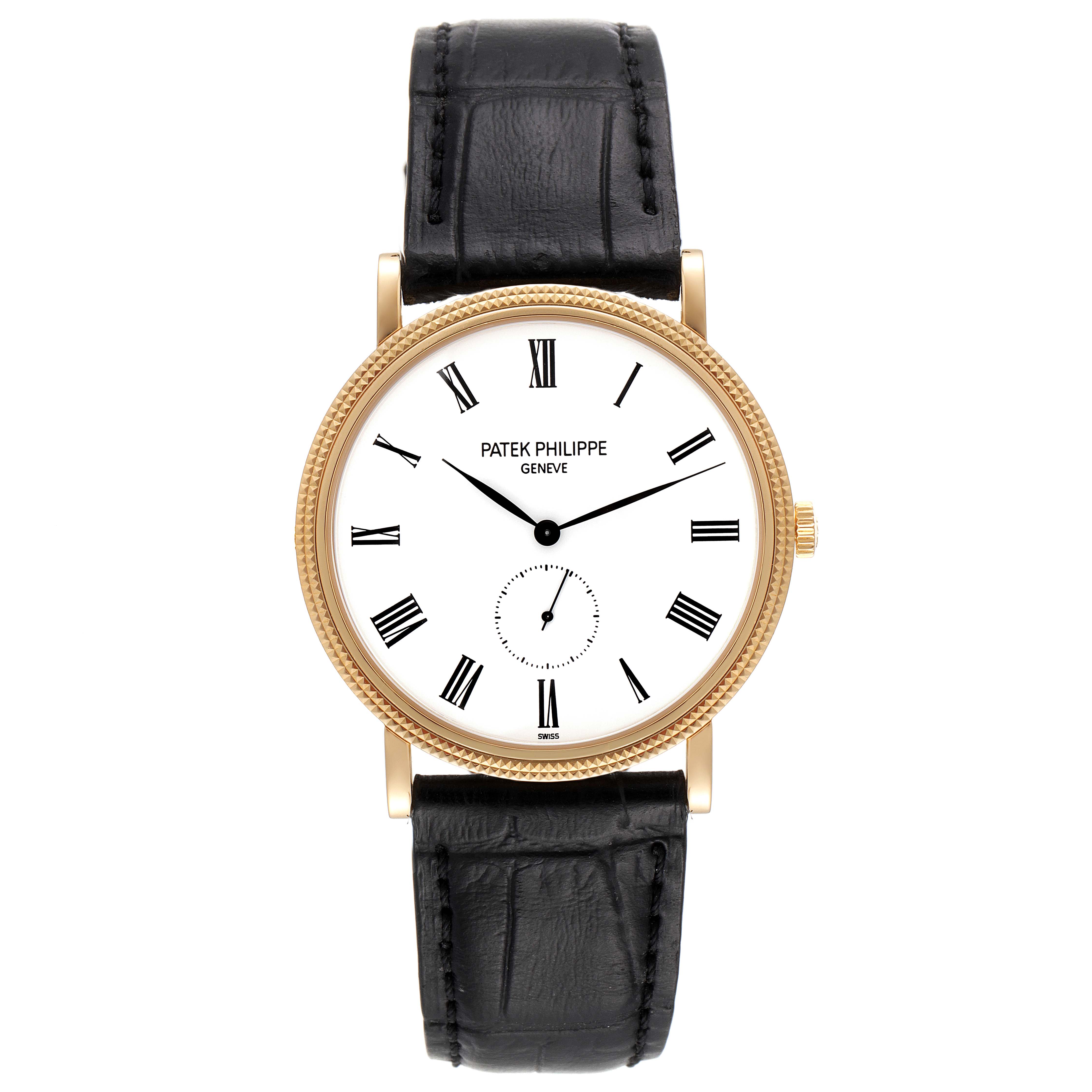 The image shows a frontal view of a Patek Philippe Calatrava 5119J Men
s Yellow Gold White Dial 5119J Men
s Yellow Gold White Dial watch, displaying its white dial, black leather strap, and gold case.