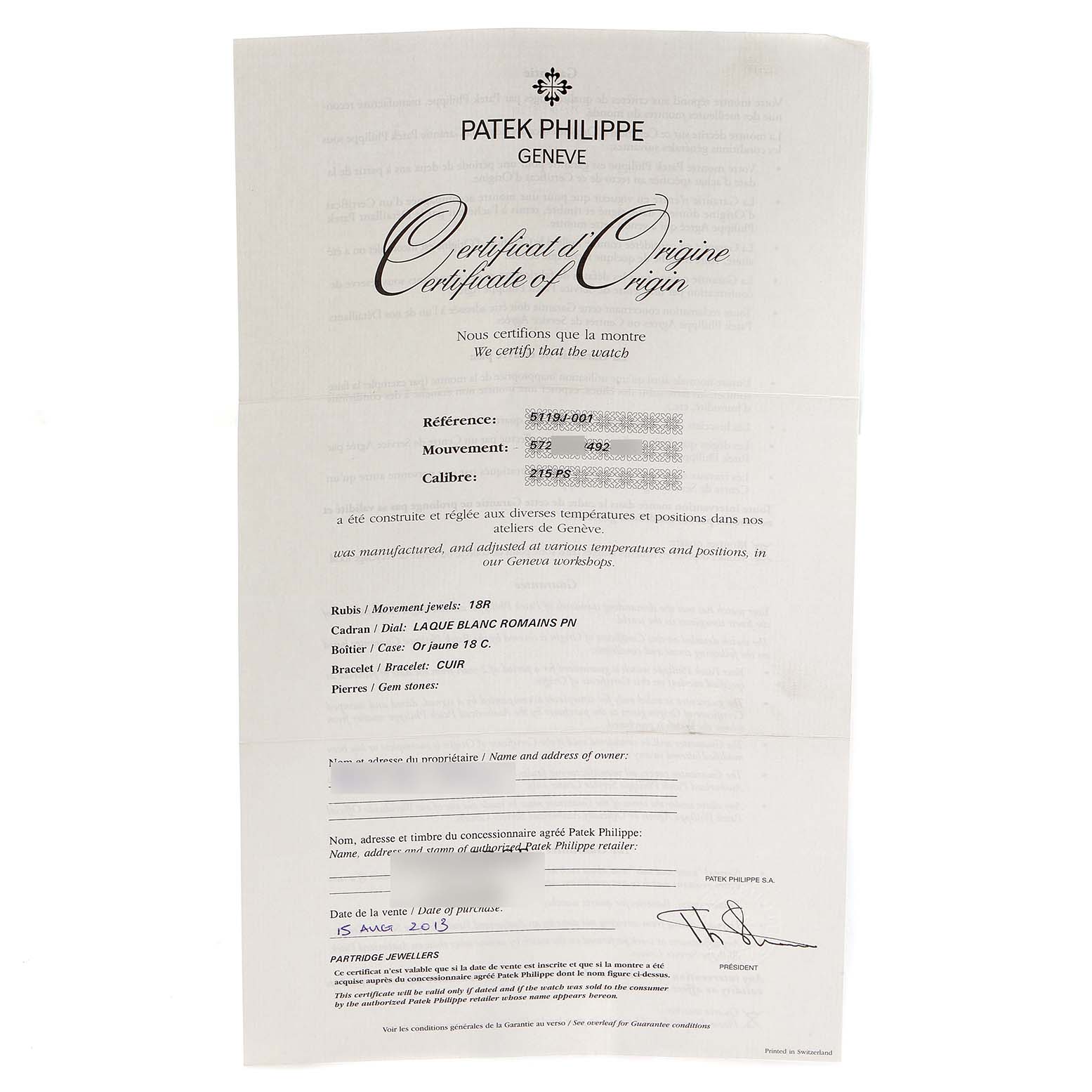 The image shows a Certificate of Origin for the Patek Philippe Calatrava 5119J Men
s Yellow Gold White Dial 5119J Men
s Yellow Gold White Dial model, detailing the watch
s specifications.