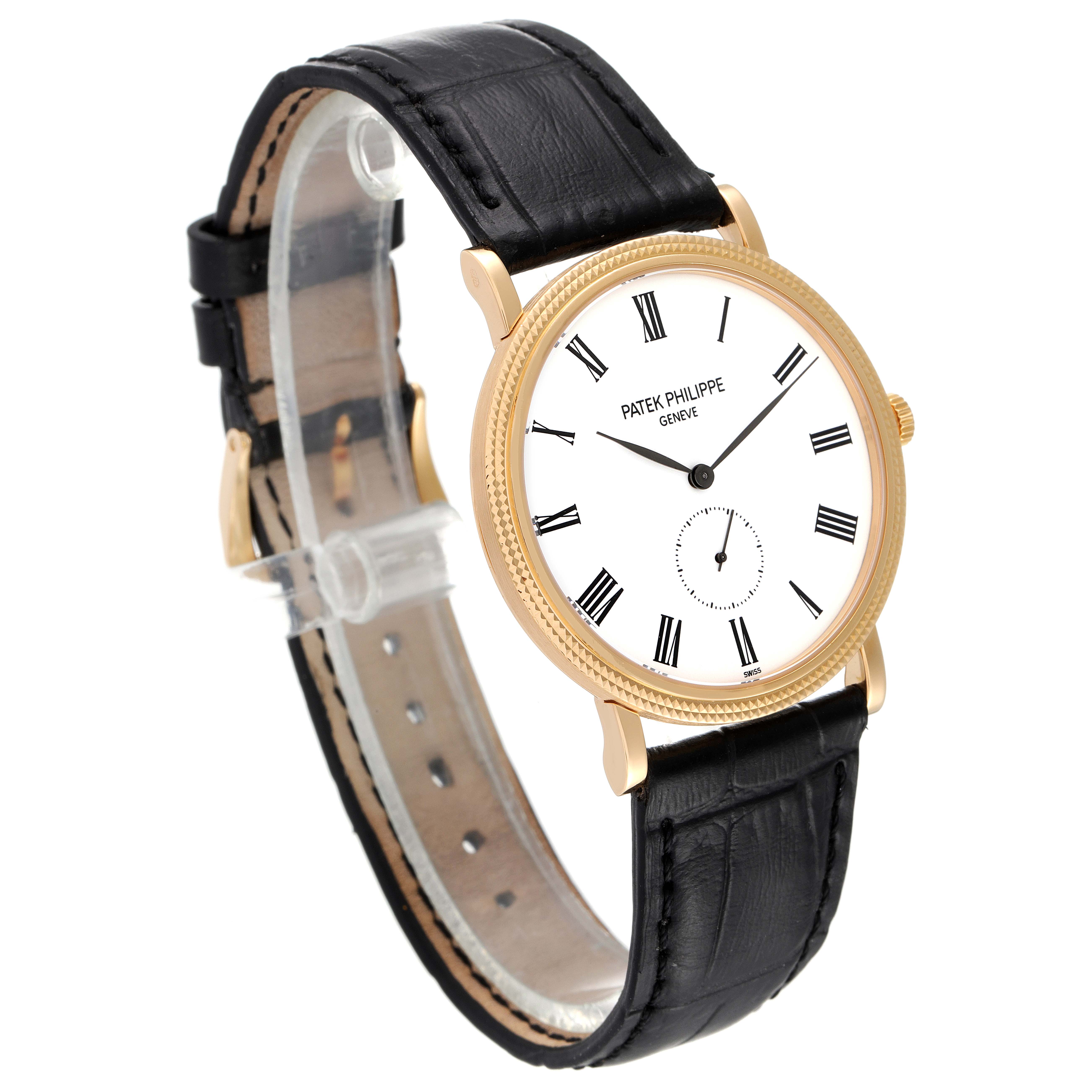 The image shows a Patek Philippe Calatrava 5119J Men
s Yellow Gold White Dial 5119J Men
s Yellow Gold White Dial watch at a three-quarter angle, highlighting the watch face and black leather strap.