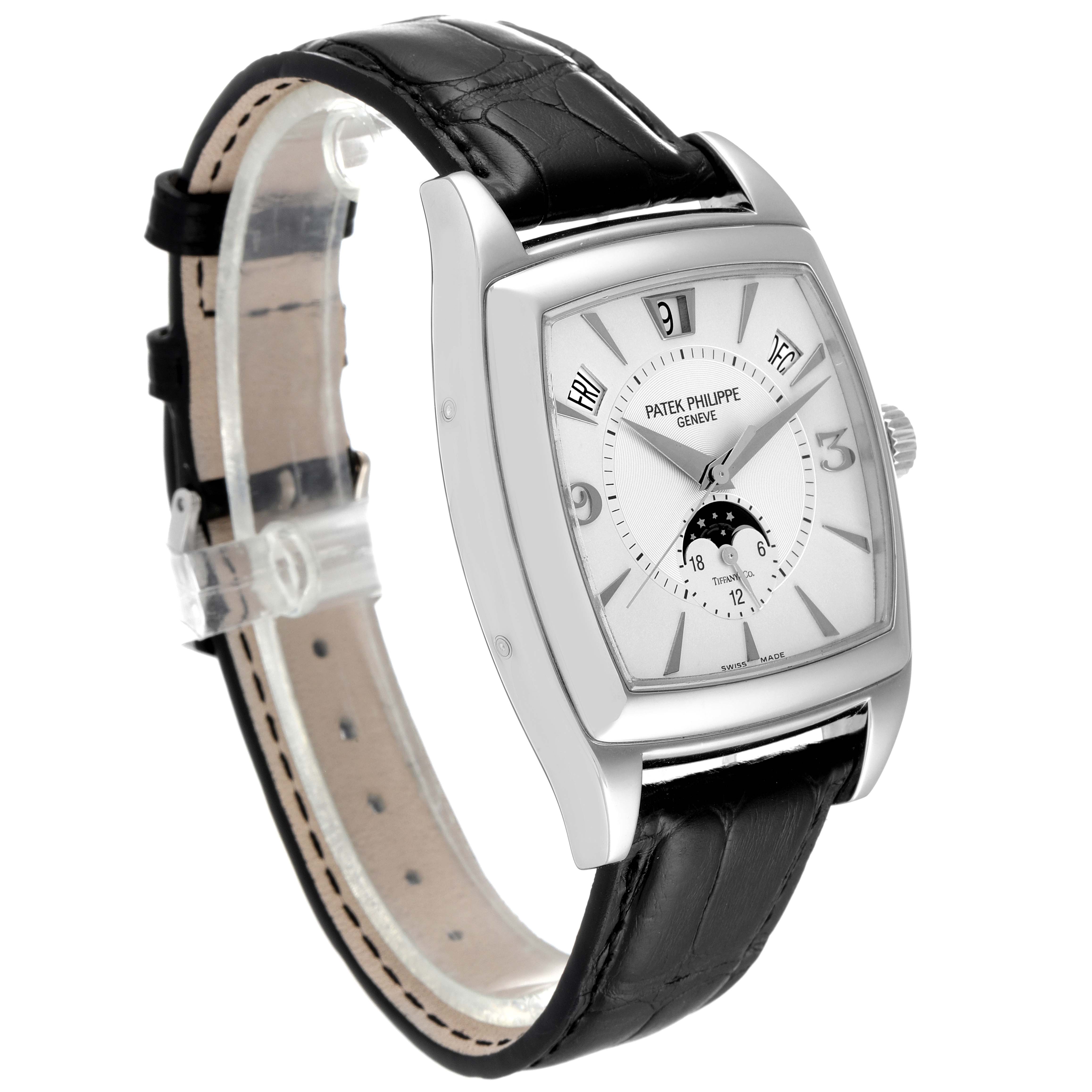 The image shows a Patek Philippe Gondolo 5135G Men's White Gold Silver Dial 5135G Men's White Gold Silver Dial watch at a slight angle, highlighting its face, hands, dial, and black leather strap.