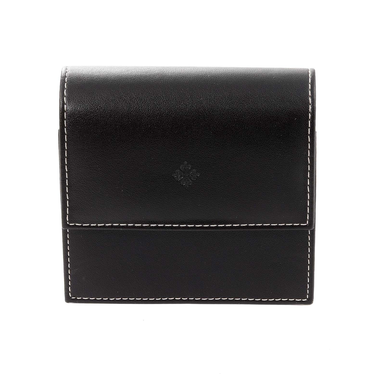 This image shows a black leather pouch with white stitching for a Patek Philippe Twenty-4 4910/010 Women's Stainless Steel Silver Dial 4910/010 Women's Stainless Steel Silver Dial model watch.