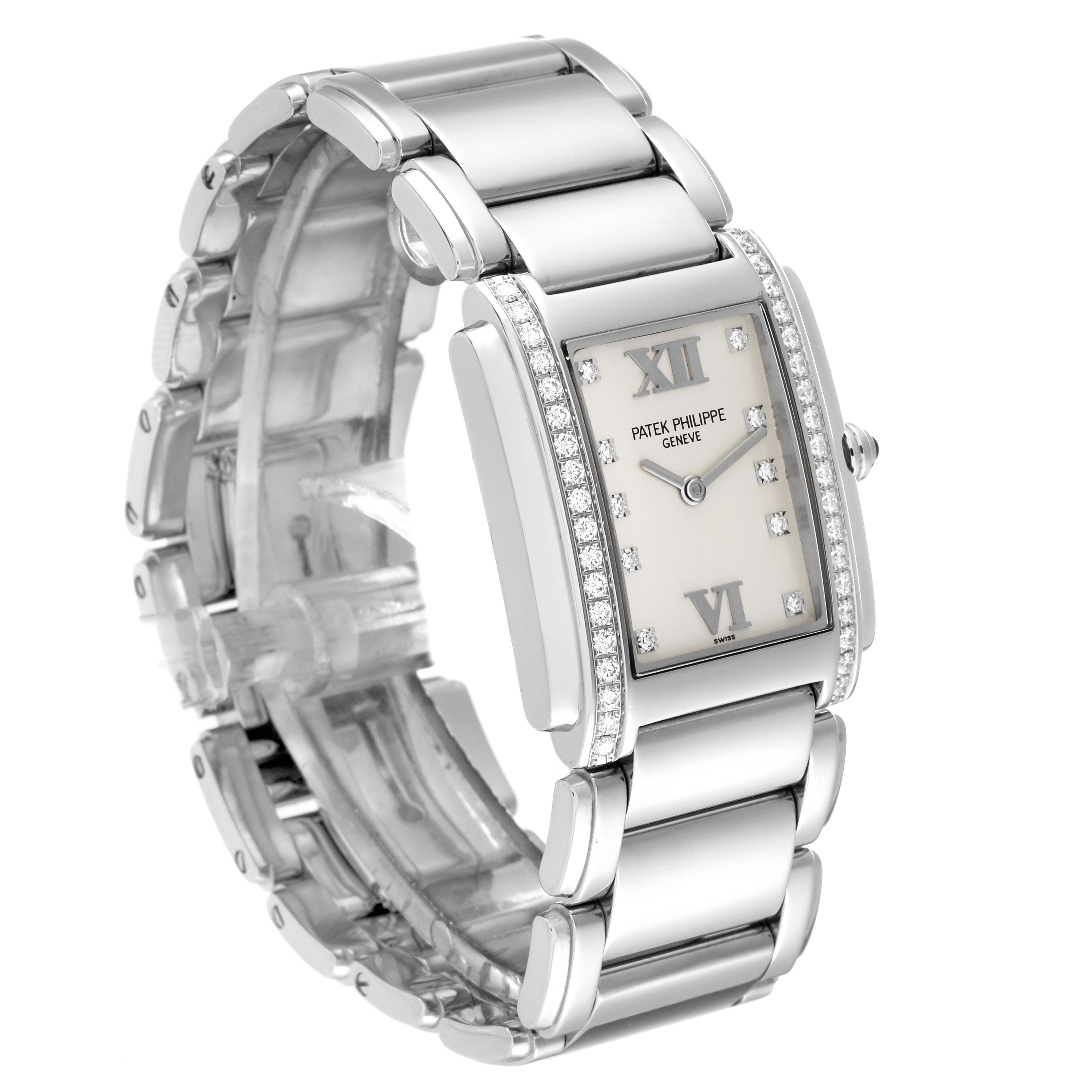 This image shows the front and side angle of the Patek Philippe Twenty-4 4910/010 Women's Stainless Steel Silver Dial 4910/010 Women's Stainless Steel Silver Dial model, highlighting its dial, bracelet, and diamond accents.