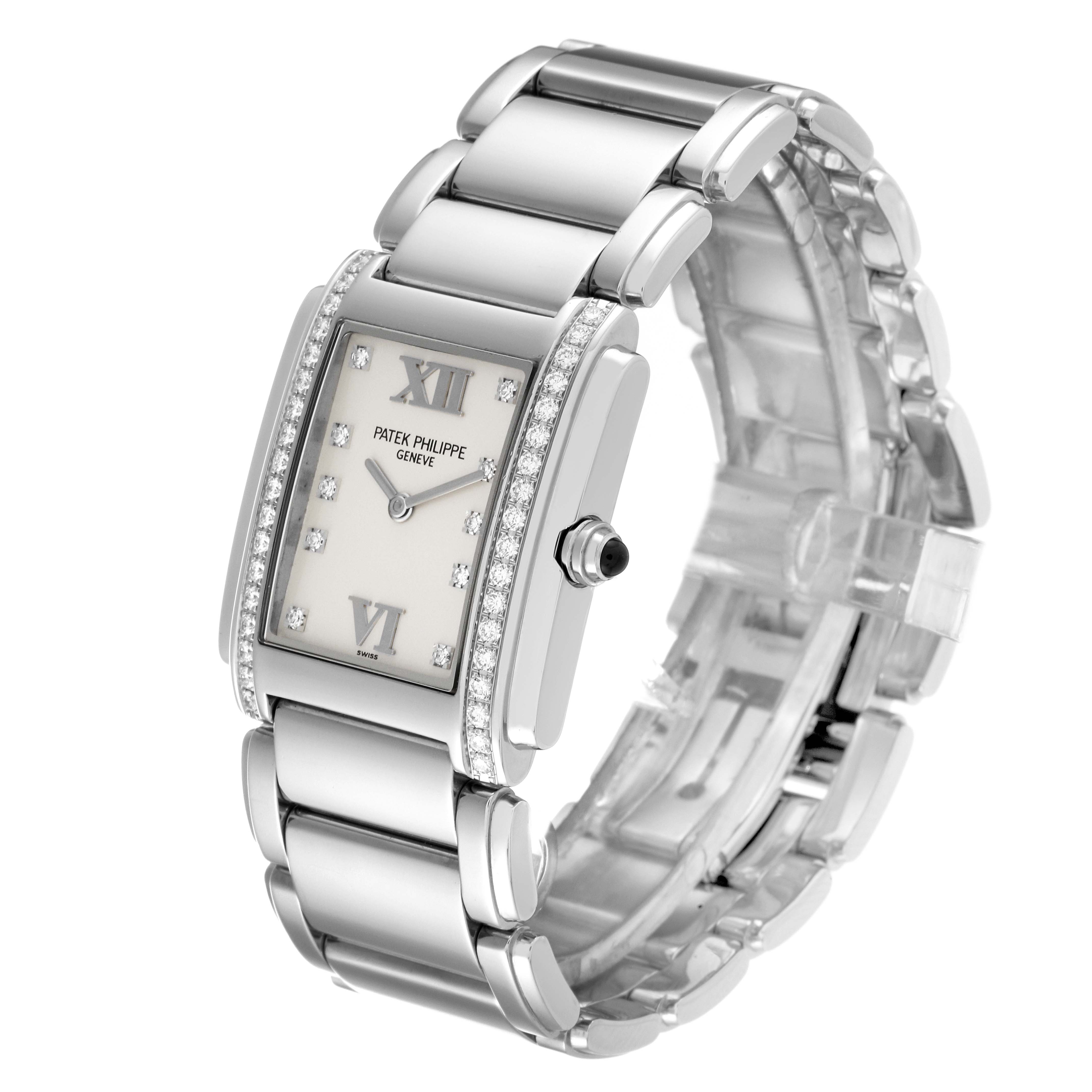 The image shows a Patek Philippe Twenty-4 4910/010 Women's Stainless Steel Silver Dial 4910/010 Women's Stainless Steel Silver Dial watch at a three-quarter angle, highlighting the face, dial, and bracelet.