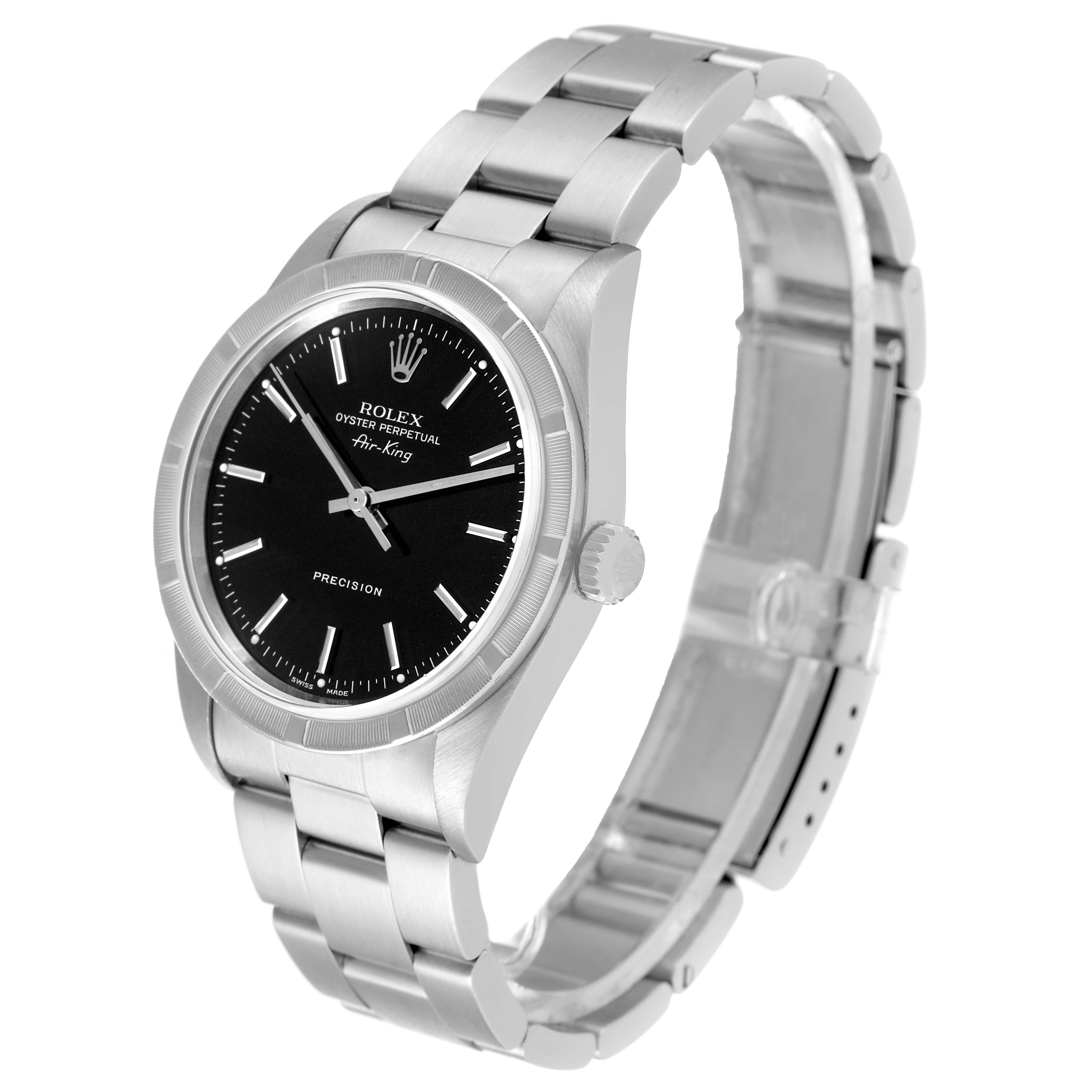 The Rolex Air-King 14010 Men's Stainless Steel Black Dial 14010 Men's Stainless Steel Black Dial watch is shown at a slight angle, displaying the full face, side of the case, and bracelet.