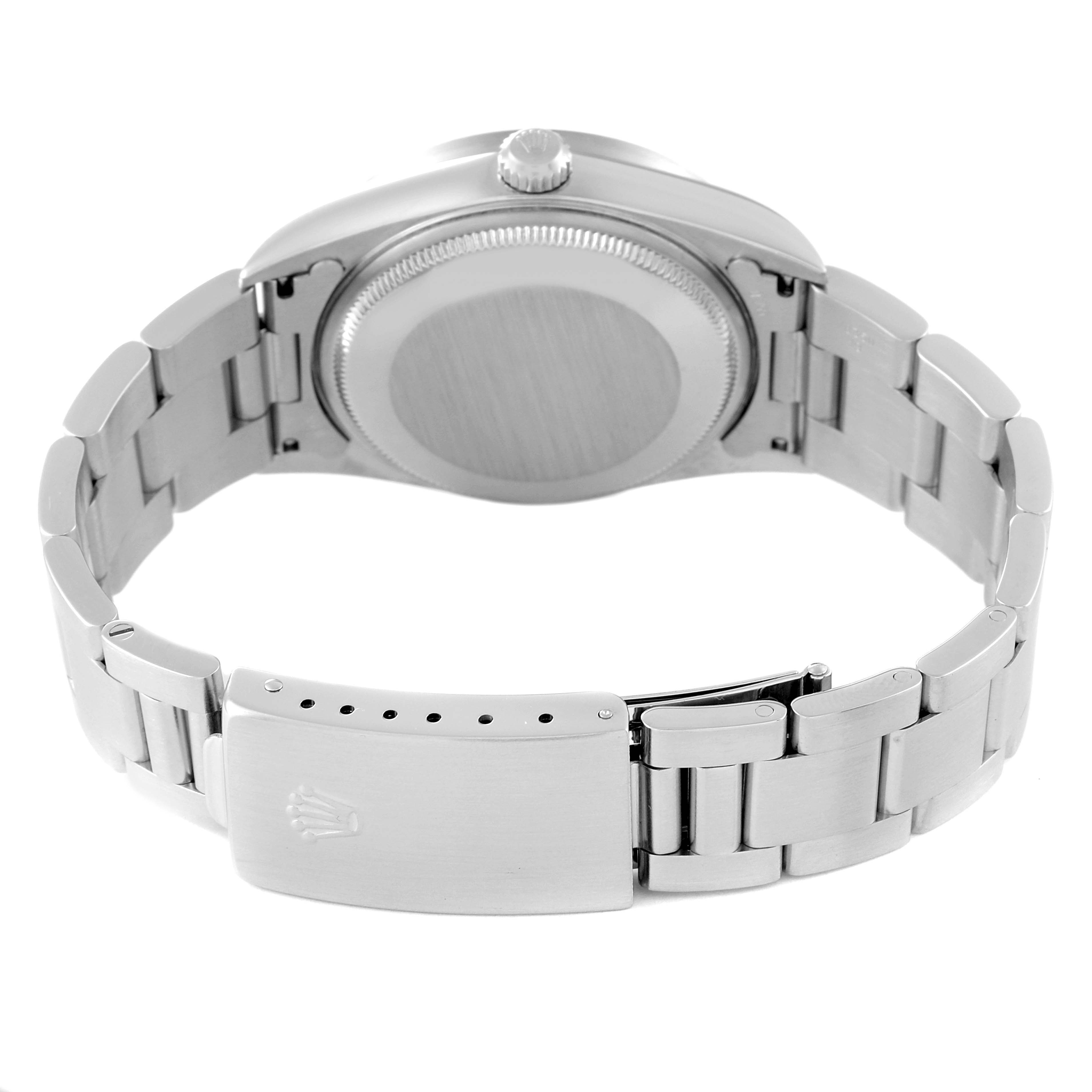 The image shows the back case and clasp of a Rolex Air-King 14010 Men's Stainless Steel Black Dial 14010 Men's Stainless Steel Black Dial watch, viewed from the rear.