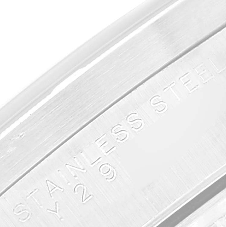 This is a close-up angle showing the engraved "STAINLESS STEEL Y 29" text on the inside rim of a Rolex Air-King 14010 Men's Stainless Steel Black Dial 14010 Men's Stainless Steel Black Dial watch.