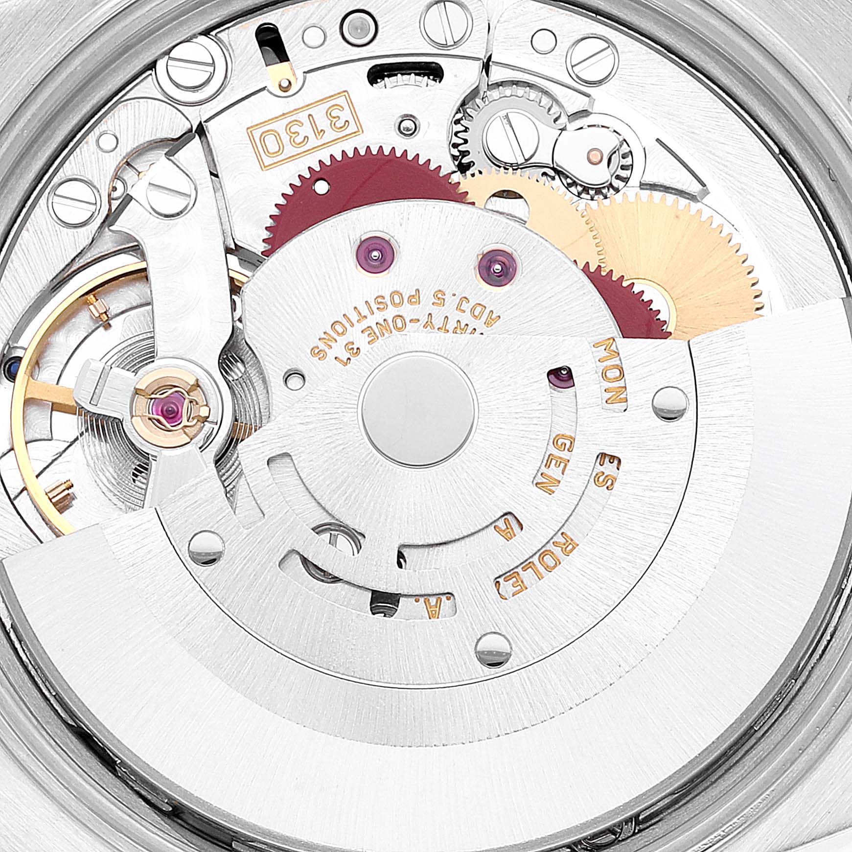 This is an interior view showing the intricate mechanical movement parts of the Rolex Air-King 14010 Men's Stainless Steel Black Dial 14010 Men's Stainless Steel Black Dial watch model.