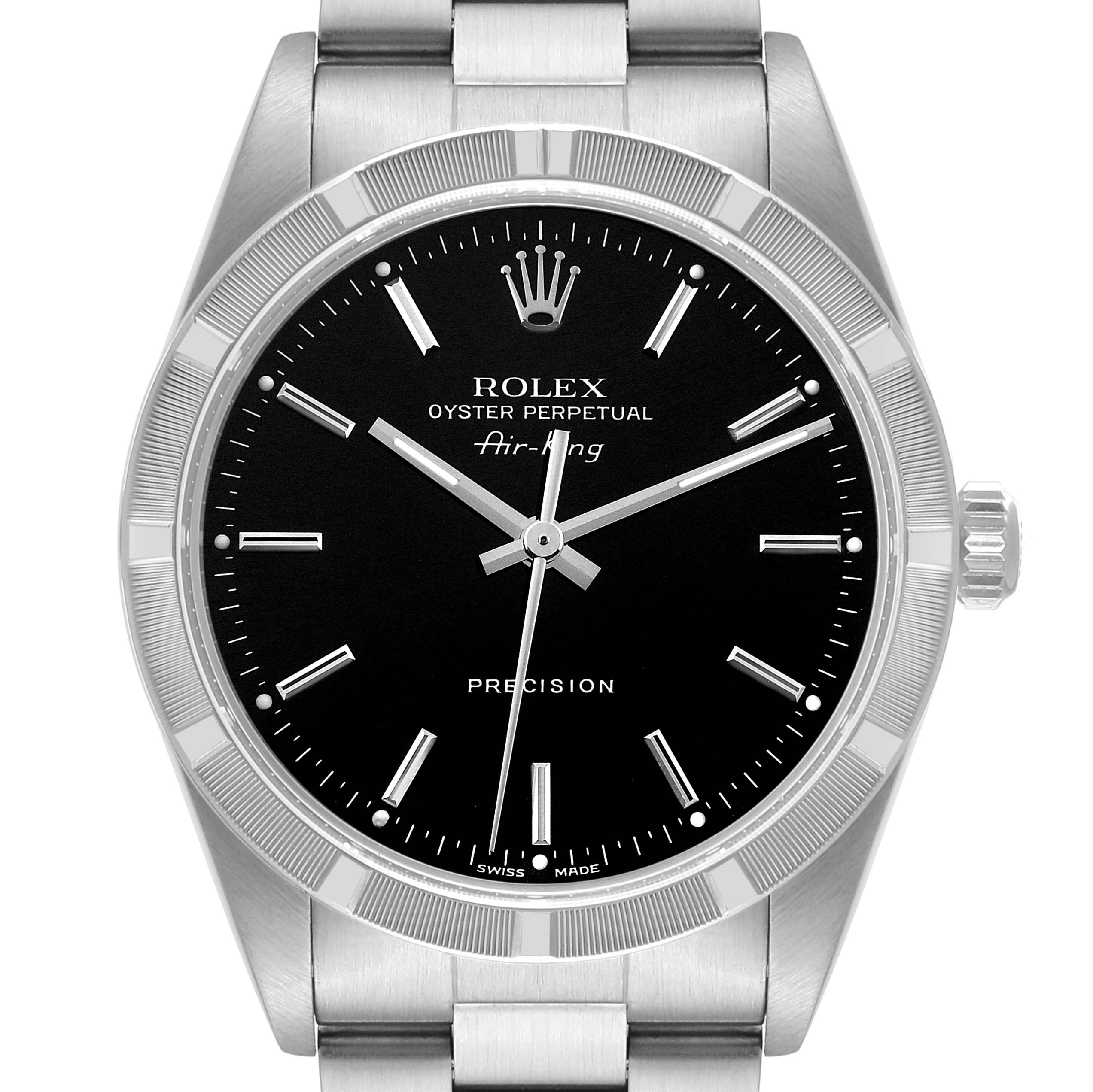 The image shows a front view of the Rolex Air-King 14010 Men's Stainless Steel Black Dial 14010 Men's Stainless Steel Black Dial watch, displaying the black dial, hands, bezel, and part of the bracelet.