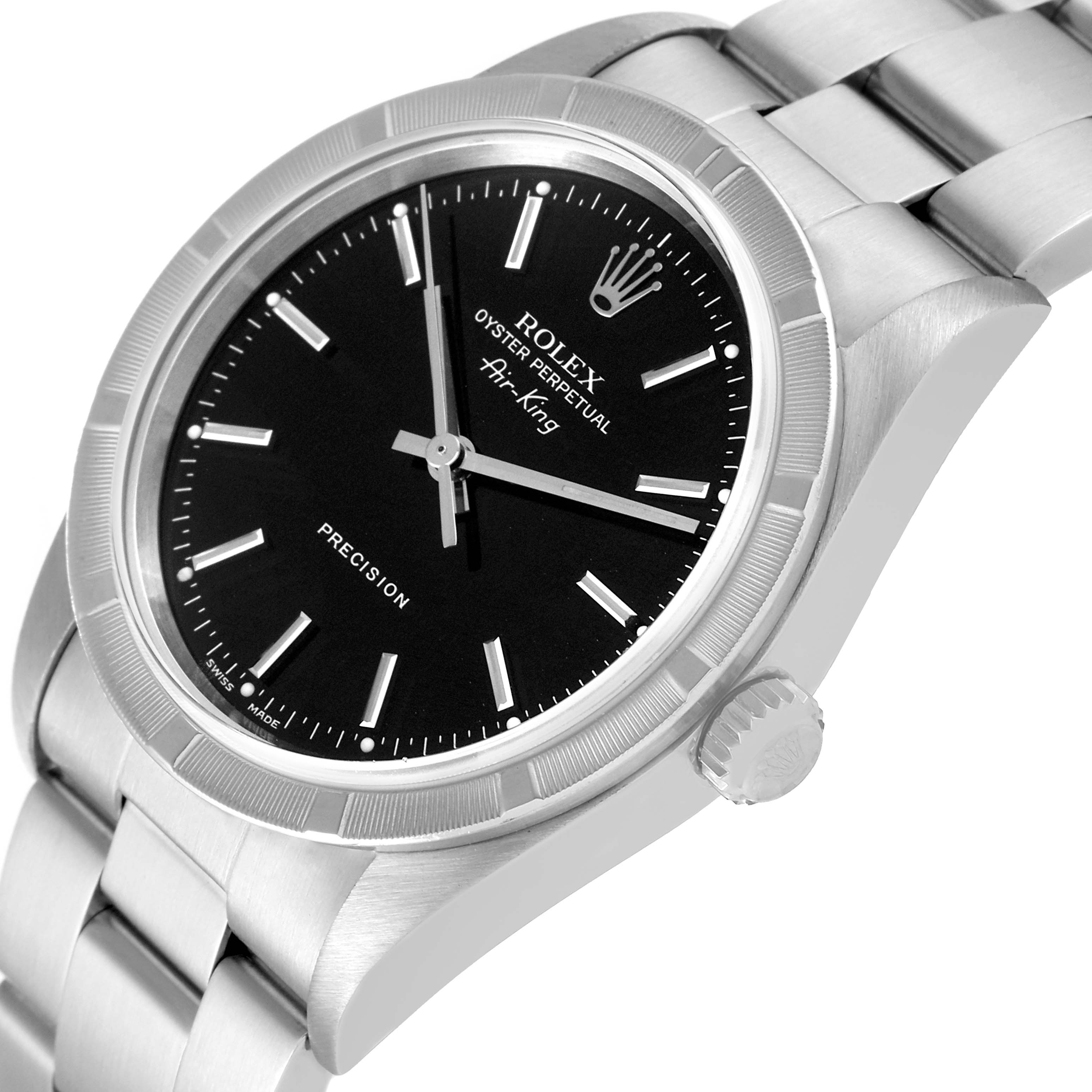 The image shows a side angle of the Rolex Air-King 14010 Men's Stainless Steel Black Dial 14010 Men's Stainless Steel Black Dial, highlighting the dial, bezel, crown, and part of the bracelet.
