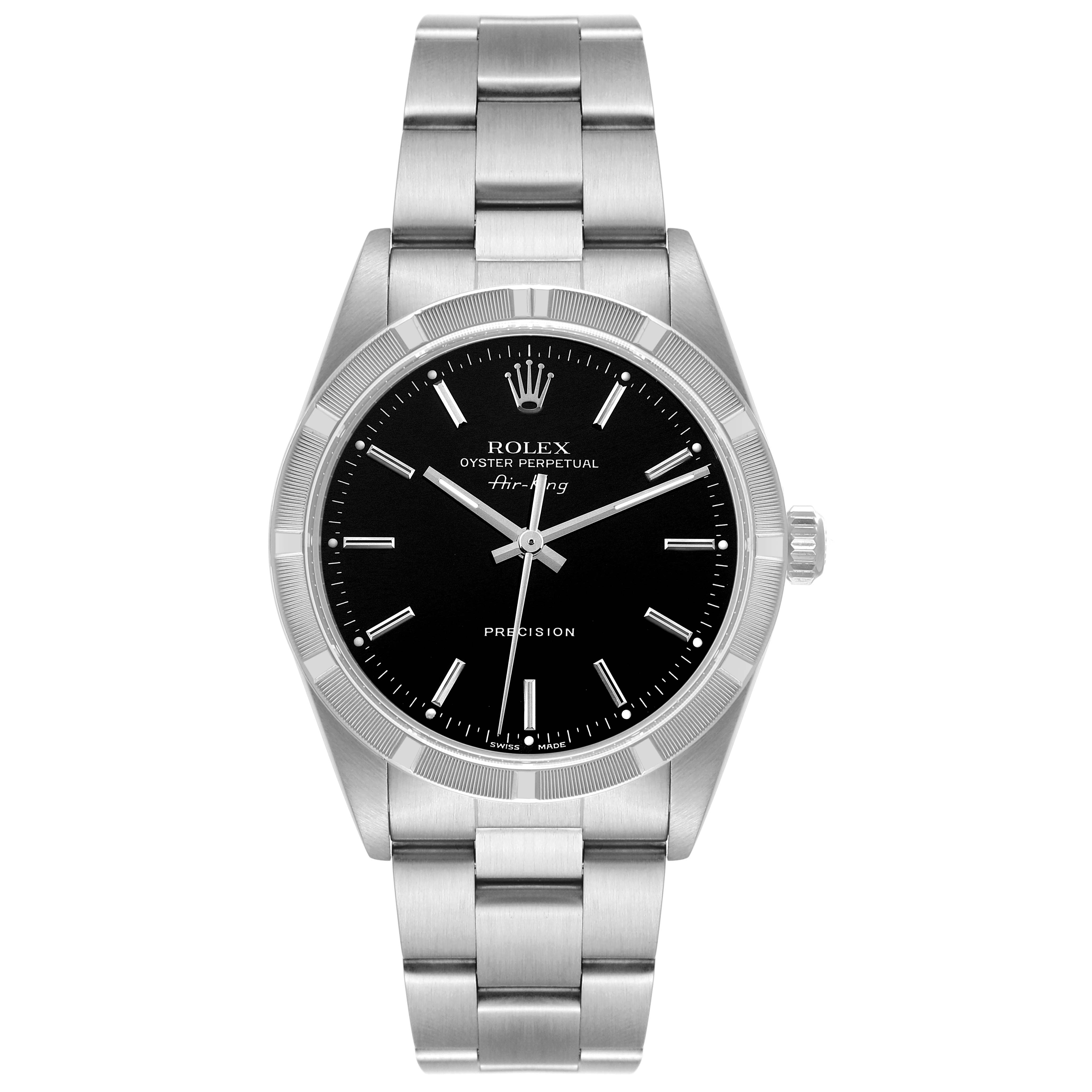 The image shows a front view of a Rolex Air-King 14010 Men's Stainless Steel Black Dial 14010 Men's Stainless Steel Black Dial watch, displaying the face, bezel, crown, and bracelet.
