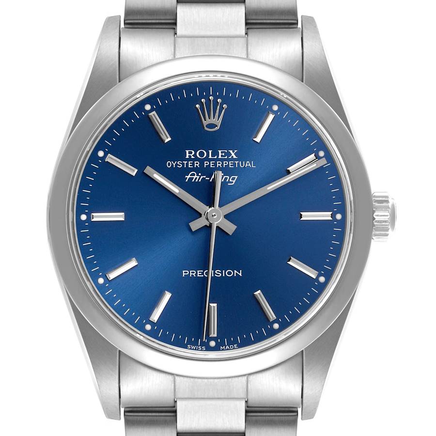 The image shows a front view of the Rolex Air-King watch, highlighting its blue dial, crown, and part of the bracelet.