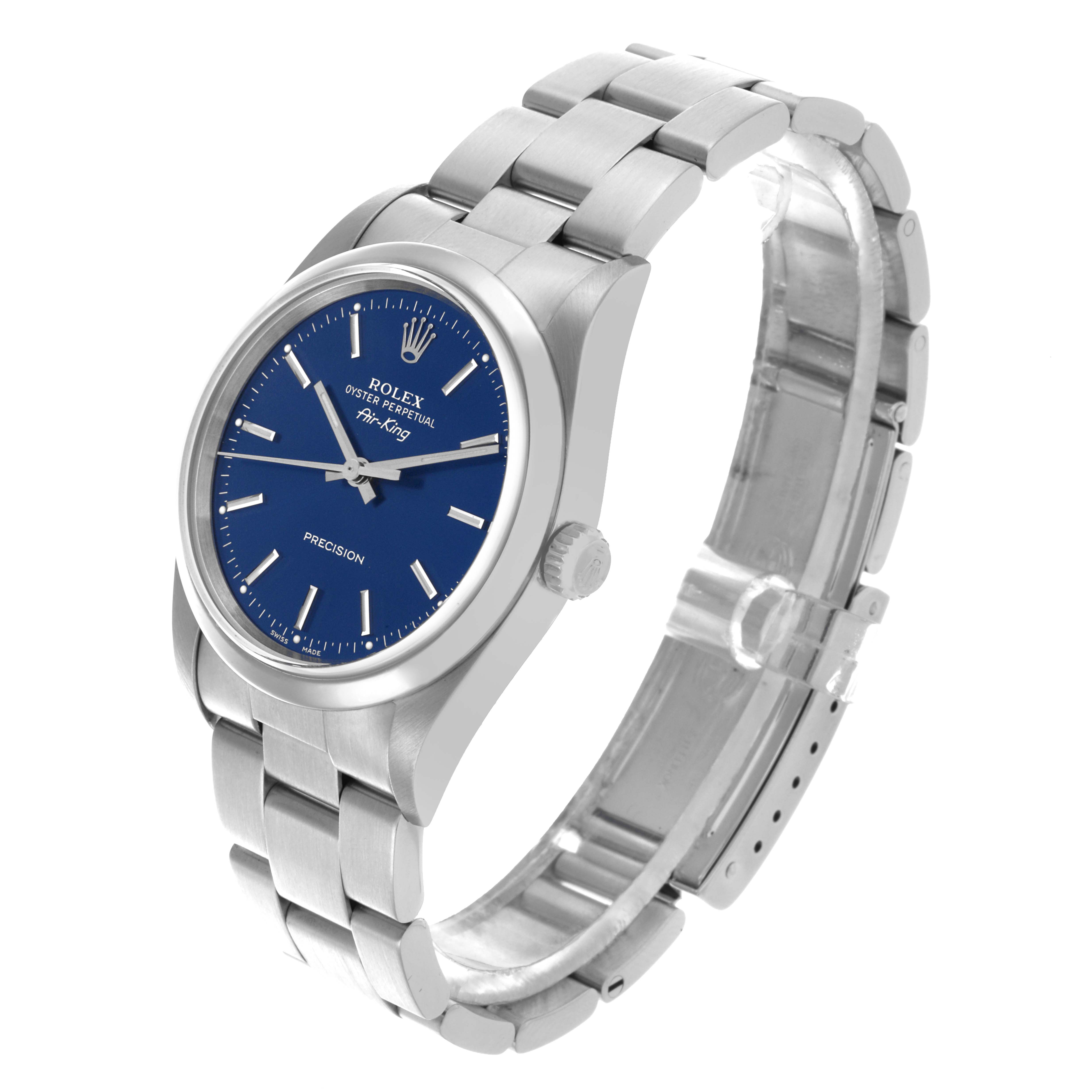The Rolex Air-King 14000 Men's Stainless Steel Blue Dial 14000 Men's Stainless Steel Blue Dial watch is shown from a three-quarter angle, highlighting the face, bezel, crown, and bracelet.