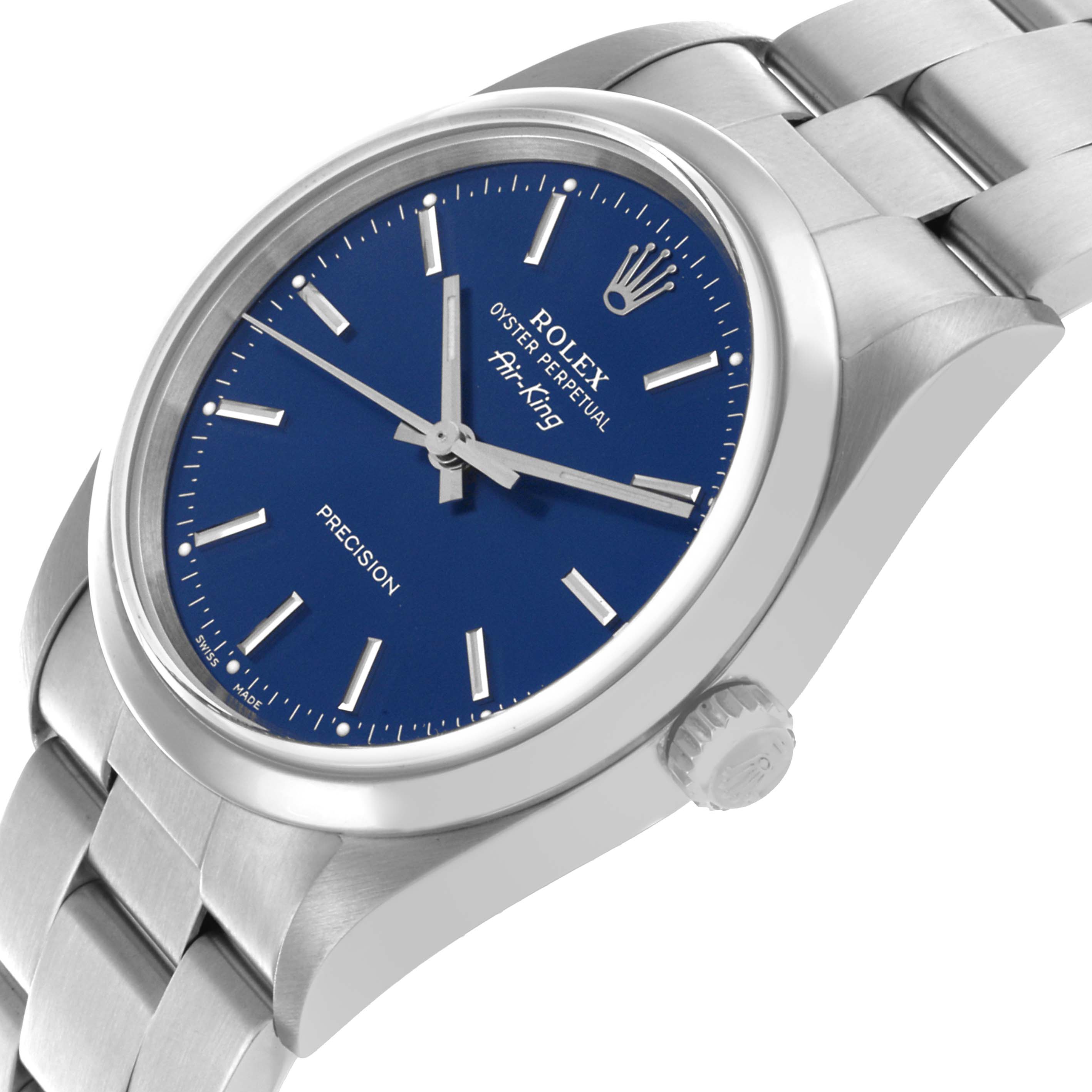 The Rolex Air-King 14000 Men's Stainless Steel Blue Dial 14000 Men's Stainless Steel Blue Dial watch is shown at a side angle displaying the face, case, bezel, and part of the bracelet.