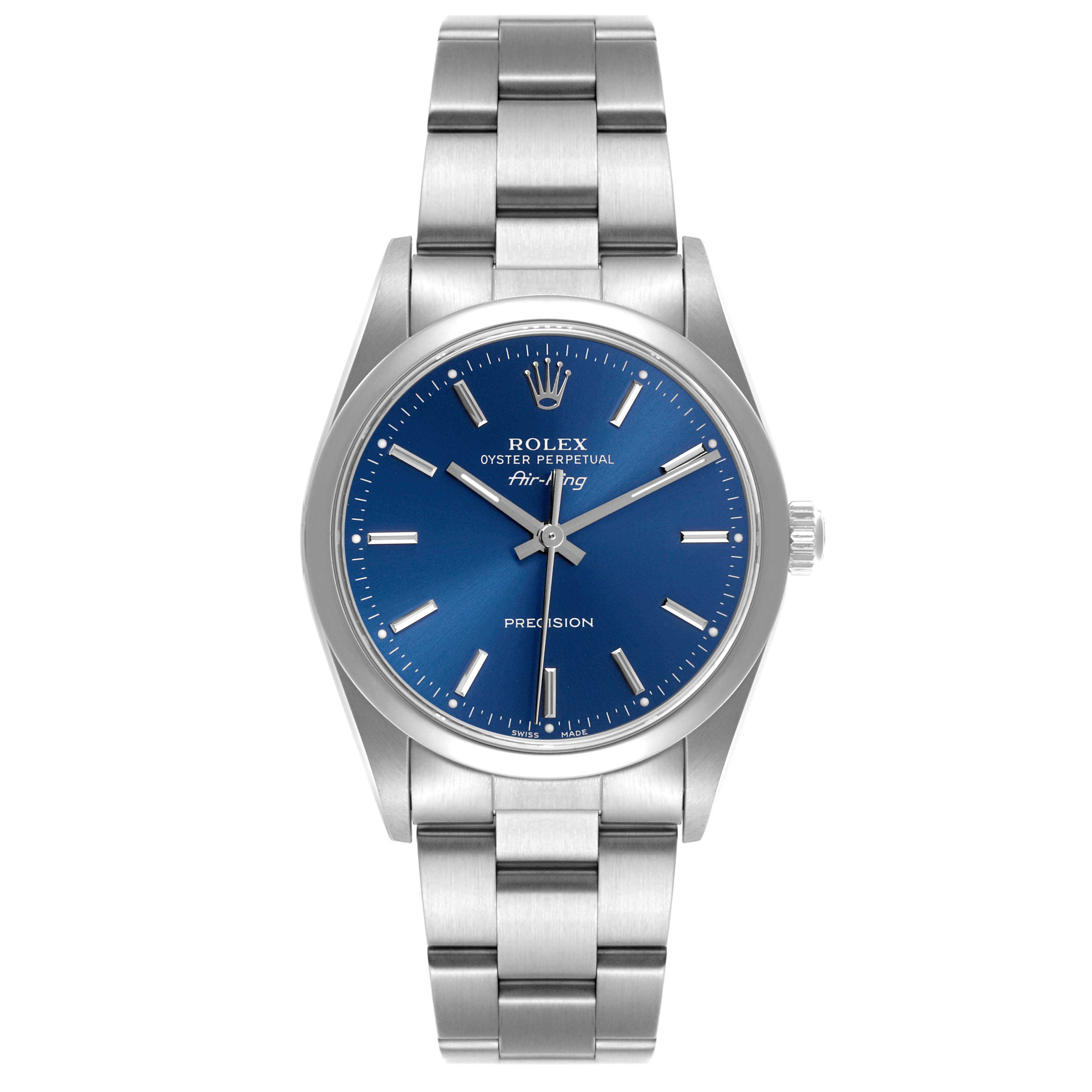 The Rolex Air-King 14000 Men's Stainless Steel Blue Dial 14000 Men's Stainless Steel Blue Dial watch is shown from a front angle, displaying the full face and bracelet.