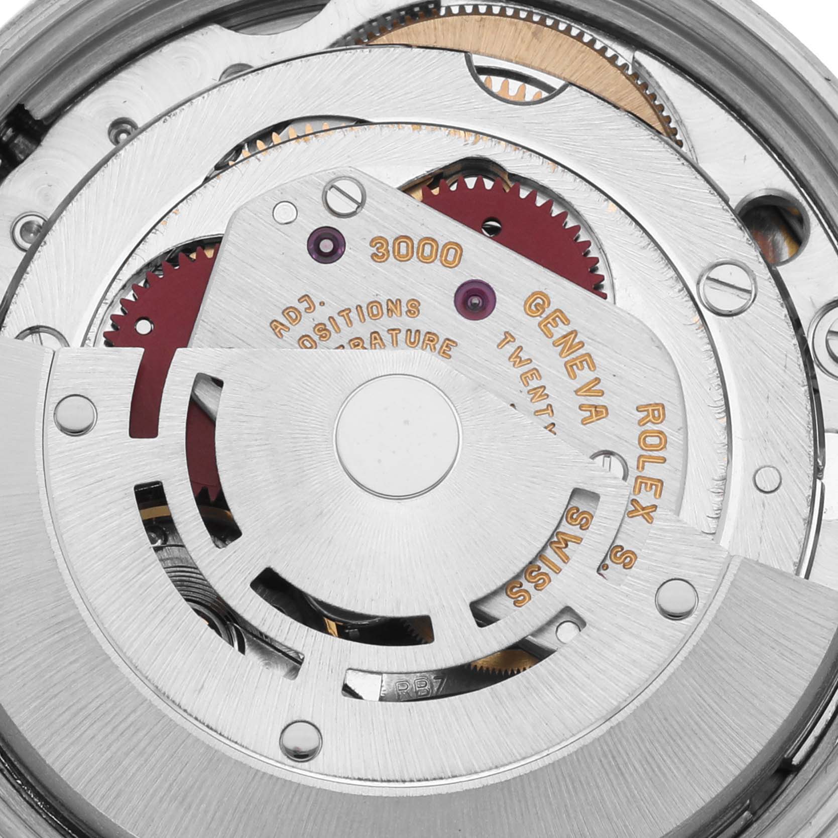 The image shows the intricate movement parts of a Rolex Air-King 14000 Men's Stainless Steel Blue Dial 14000 Men's Stainless Steel Blue Dial watch from a top-down angle.