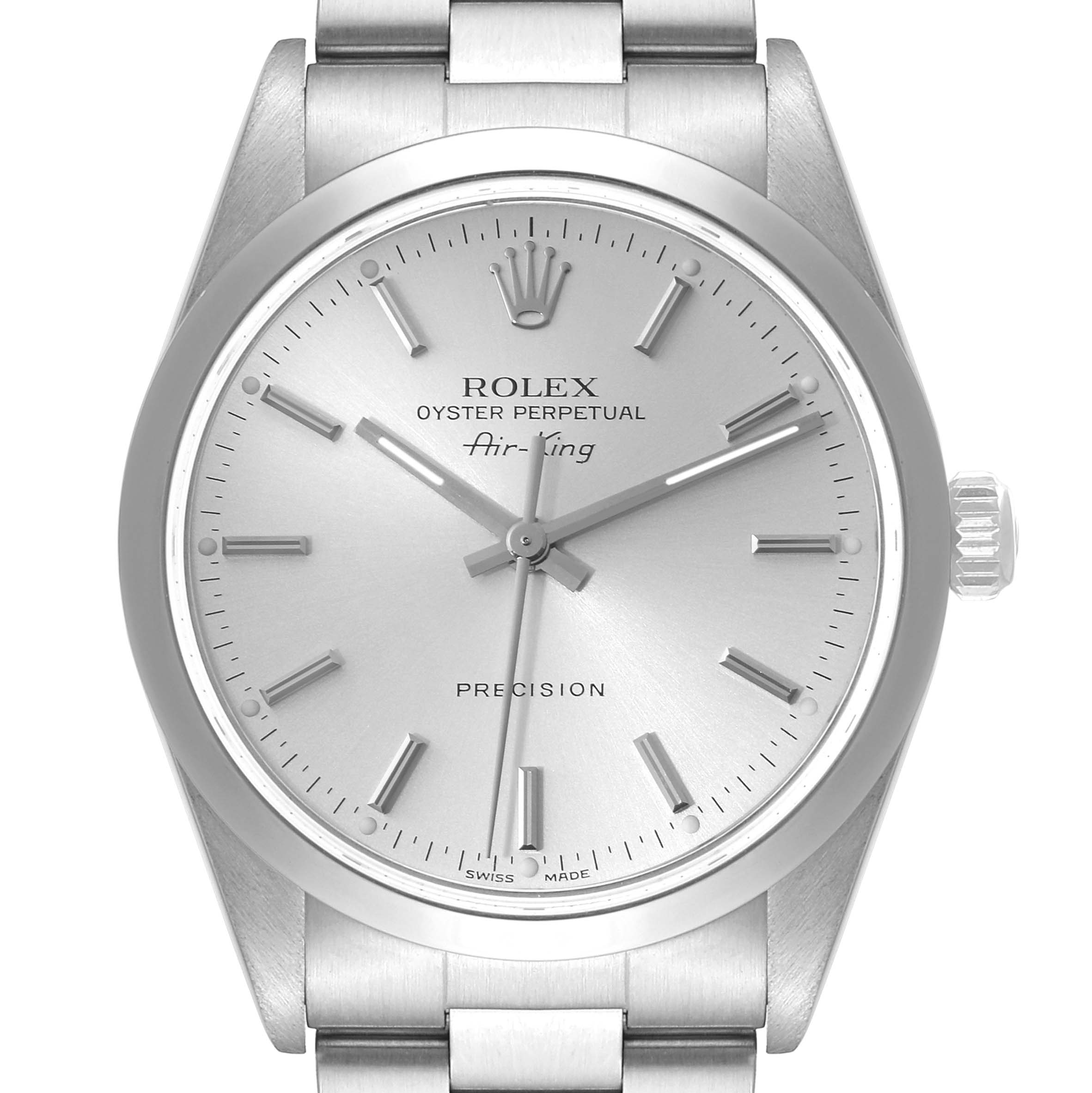 This image shows a front view of the Rolex Air-King 14000 Men's Stainless Steel Silver Dial 14000 Men's Stainless Steel Silver Dial watch, highlighting the dial, hands, crown, and part of the bracelet.