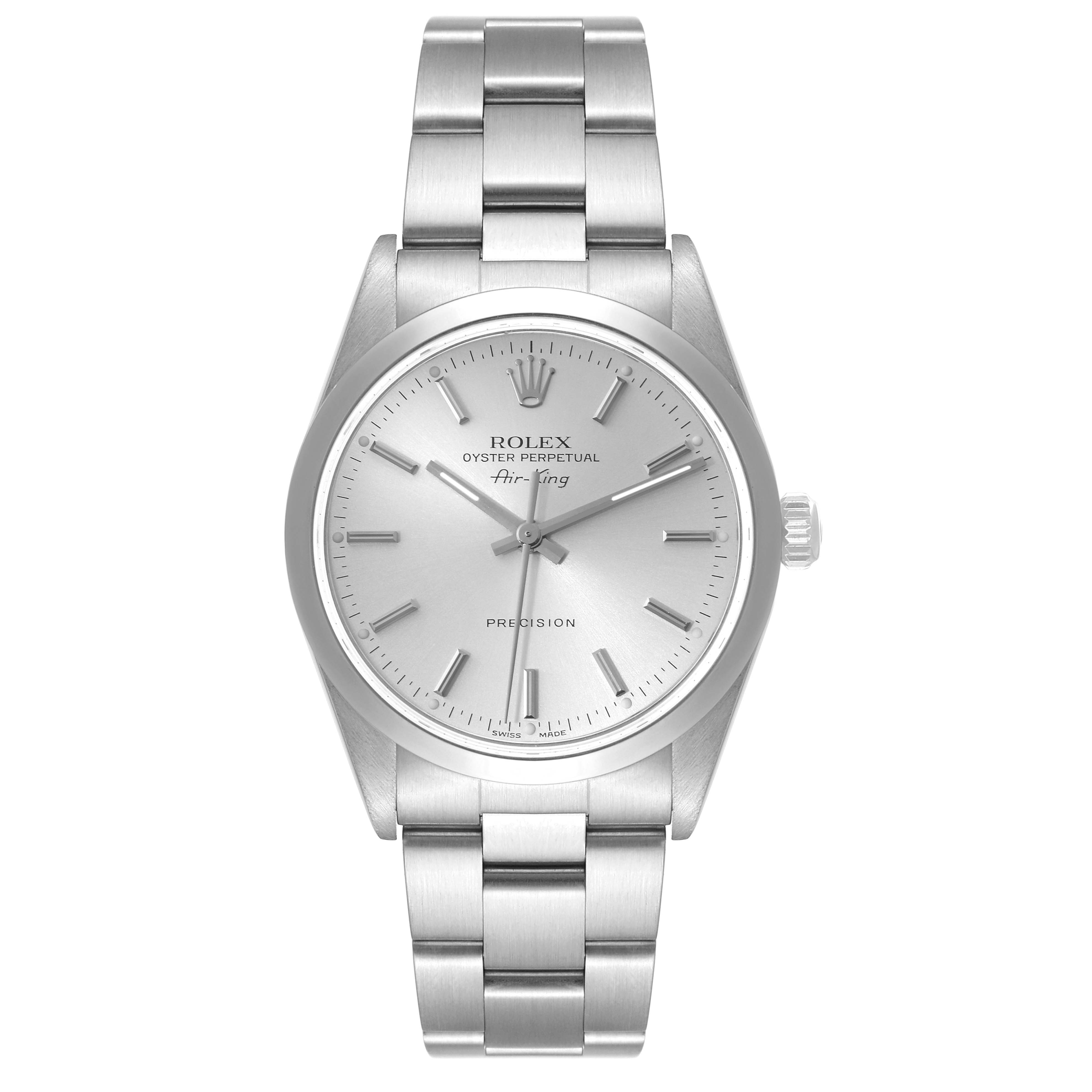 The image shows a front view of the Rolex Air-King 14000 Men's Stainless Steel Silver Dial 14000 Men's Stainless Steel Silver Dial watch, displaying its face, bezel, and stainless steel bracelet.
