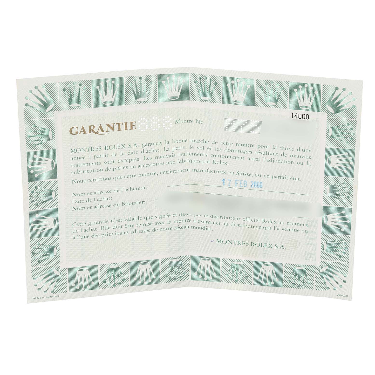 This is a warranty card for the Rolex Air-King 14000 Men's Stainless Steel Silver Dial 14000 Men's Stainless Steel Silver Dial model.