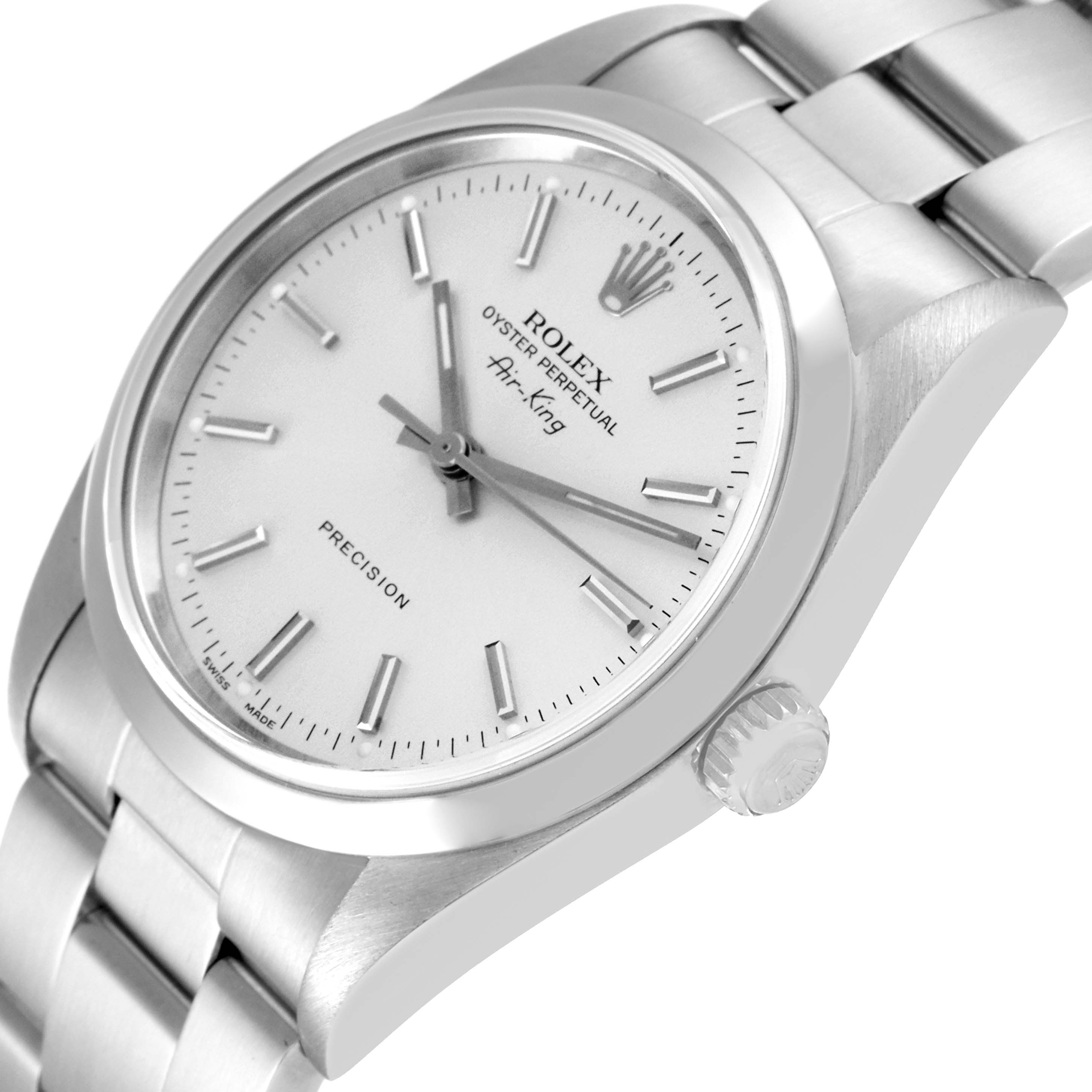 The image shows a close-up angled view of the face, crown, and bracelet of a Rolex Air-King 14000 Men's Stainless Steel Silver Dial 14000 Men's Stainless Steel Silver Dial watch.