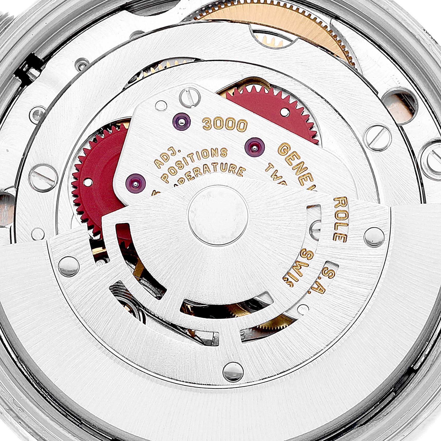 The image shows an up-close view of the Rolex Air-King 14000 Men's Stainless Steel Silver Dial 14000 Men's Stainless Steel Silver Dial's movement mechanism, including gears, rotors, and engravings.