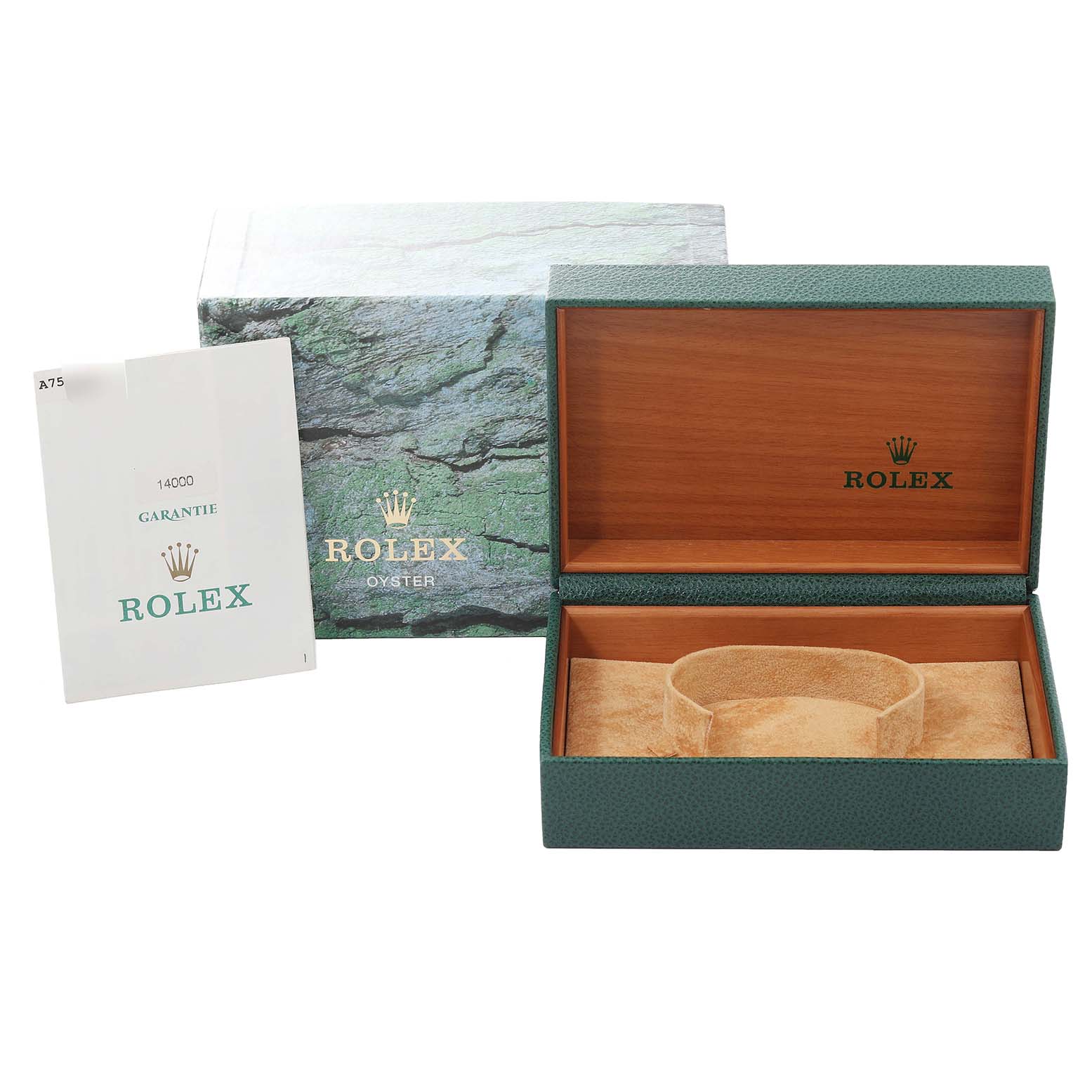 This image shows an open Rolex Air-King 14000 Men's Stainless Steel Silver Dial 14000 Men's Stainless Steel Silver Dial watch box with its guarantee card and outer packaging.