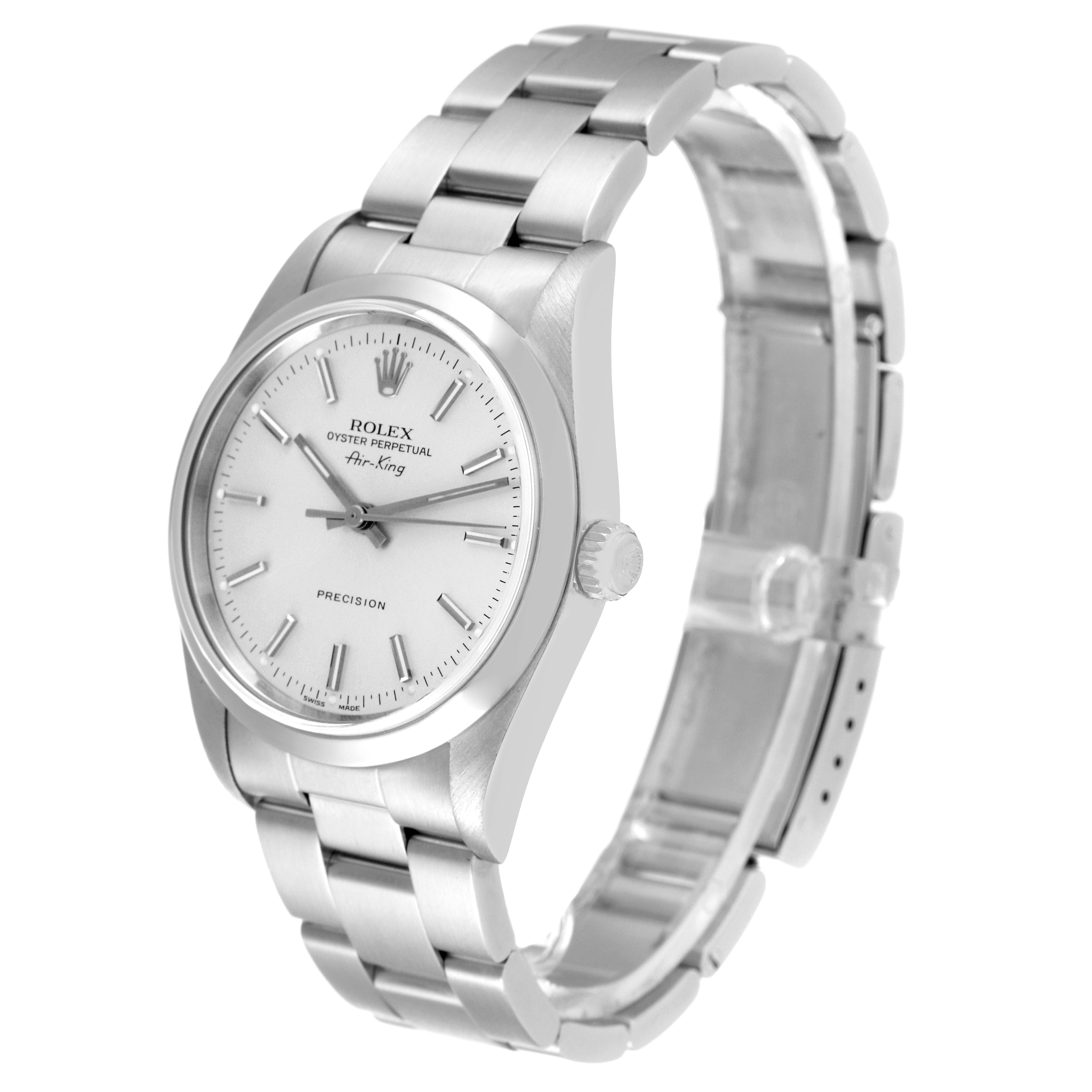 The Rolex Air-King 14000 Men's Stainless Steel Silver Dial 14000 Men's Stainless Steel Silver Dial watch is pictured at an angle showing the full face, bezel, crown, and bracelet.