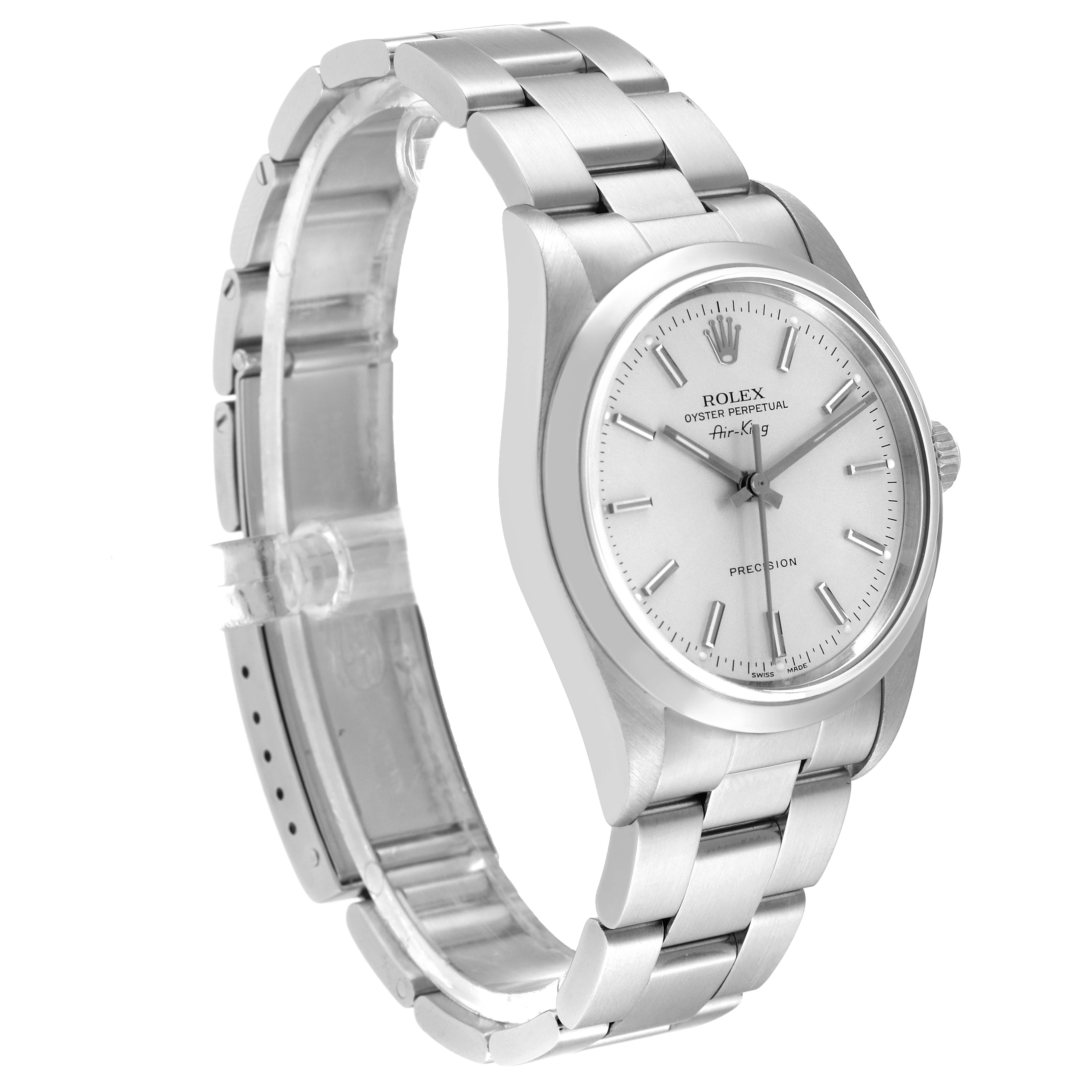 The image shows a Rolex Air-King 14000 Men's Stainless Steel Silver Dial 14000 Men's Stainless Steel Silver Dial watch from a side angle, highlighting its stainless steel bracelet and face.