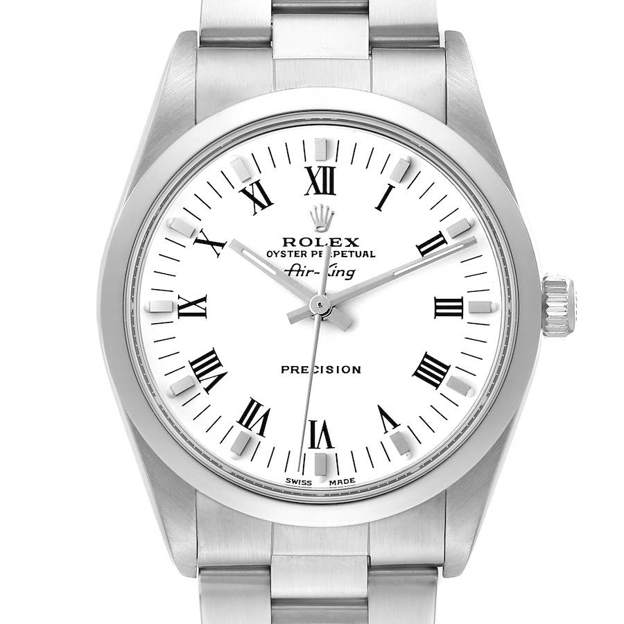 The Rolex Air-King watch is shown from a front angle, displaying the face, bezel, crown, and part of the bracelet.