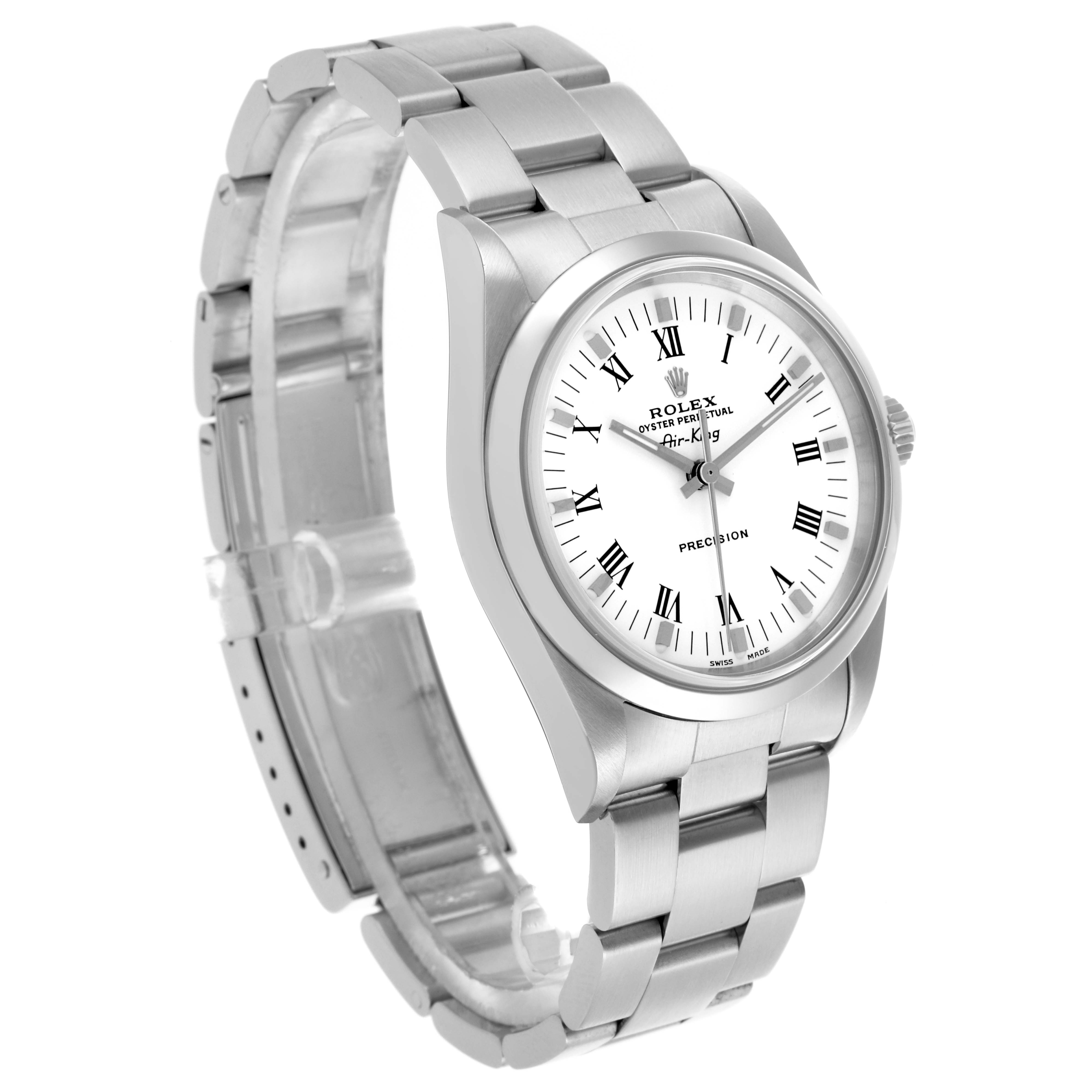 The Rolex Air-King 14000M Men's Stainless Steel White Dial 14000M Men's Stainless Steel White Dial watch is shown from a side angle, displaying the bracelet, case, dial, and crown.