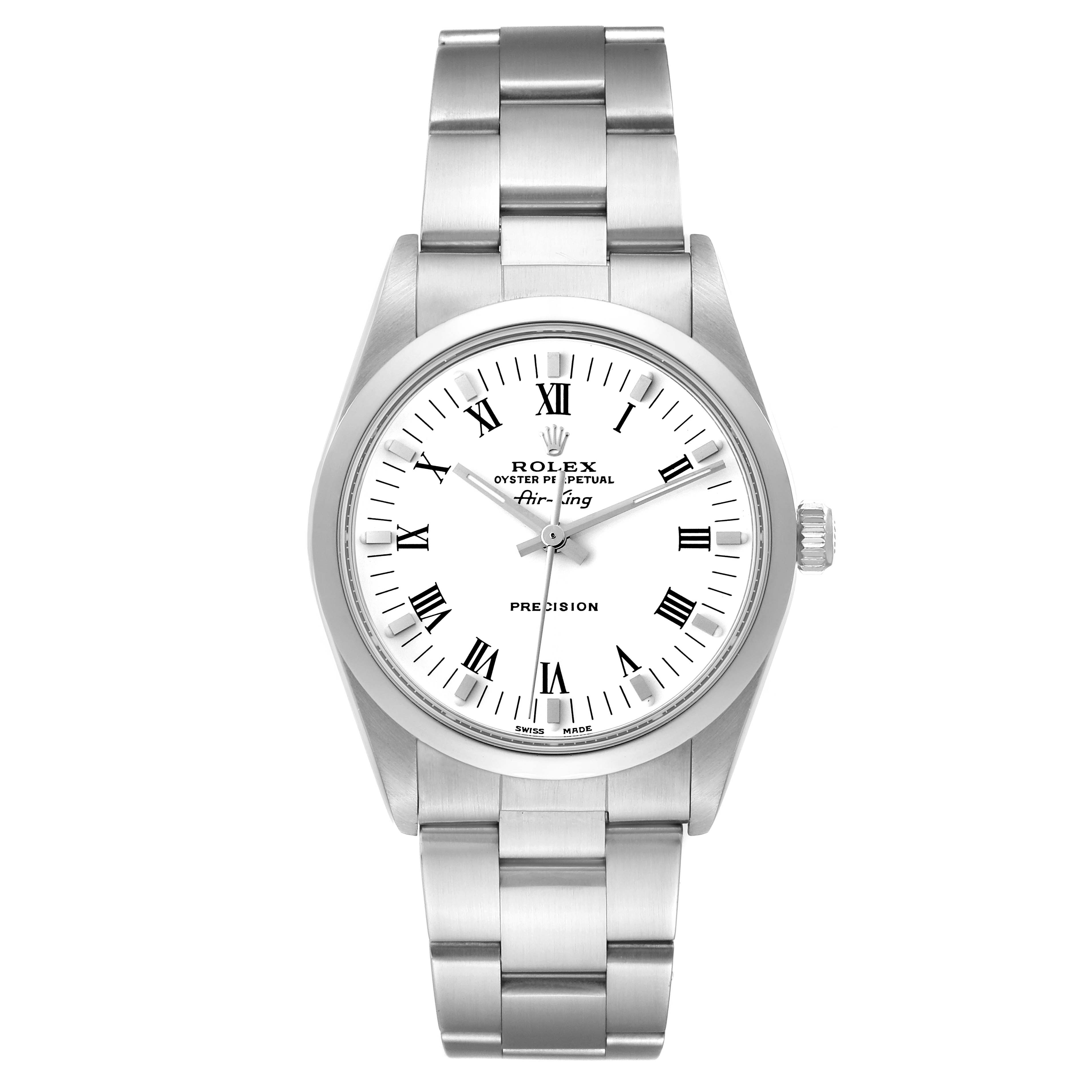 The Rolex Air-King 14000M Men's Stainless Steel White Dial 14000M Men's Stainless Steel White Dial watch is shown from a top-down angle, displaying the face, bezel, crown, and bracelet.