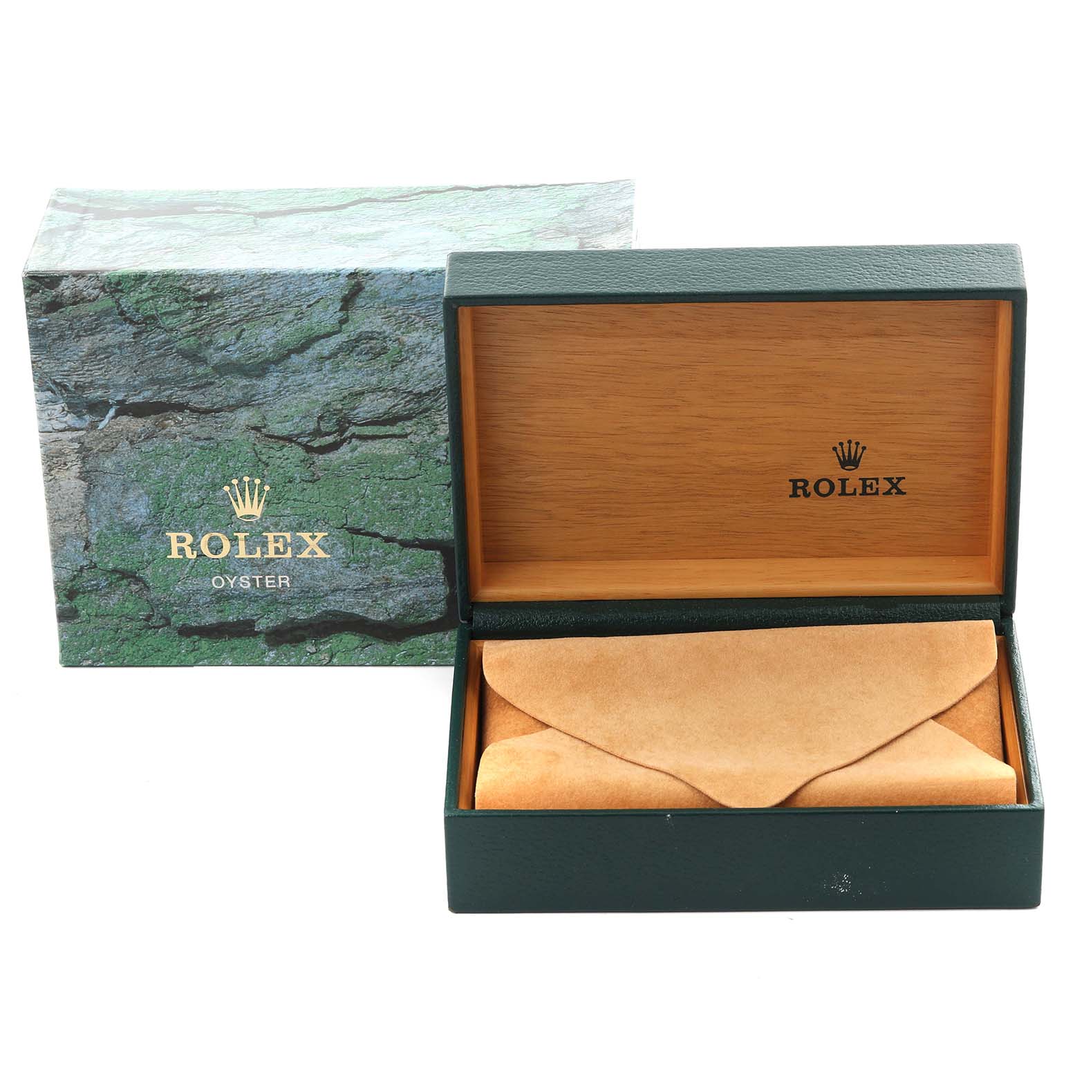 The image shows an open Rolex Air-King 14000M Men's Stainless Steel White Dial 14000M Men's Stainless Steel White Dial watch box with an outer box and suede pouch inside.