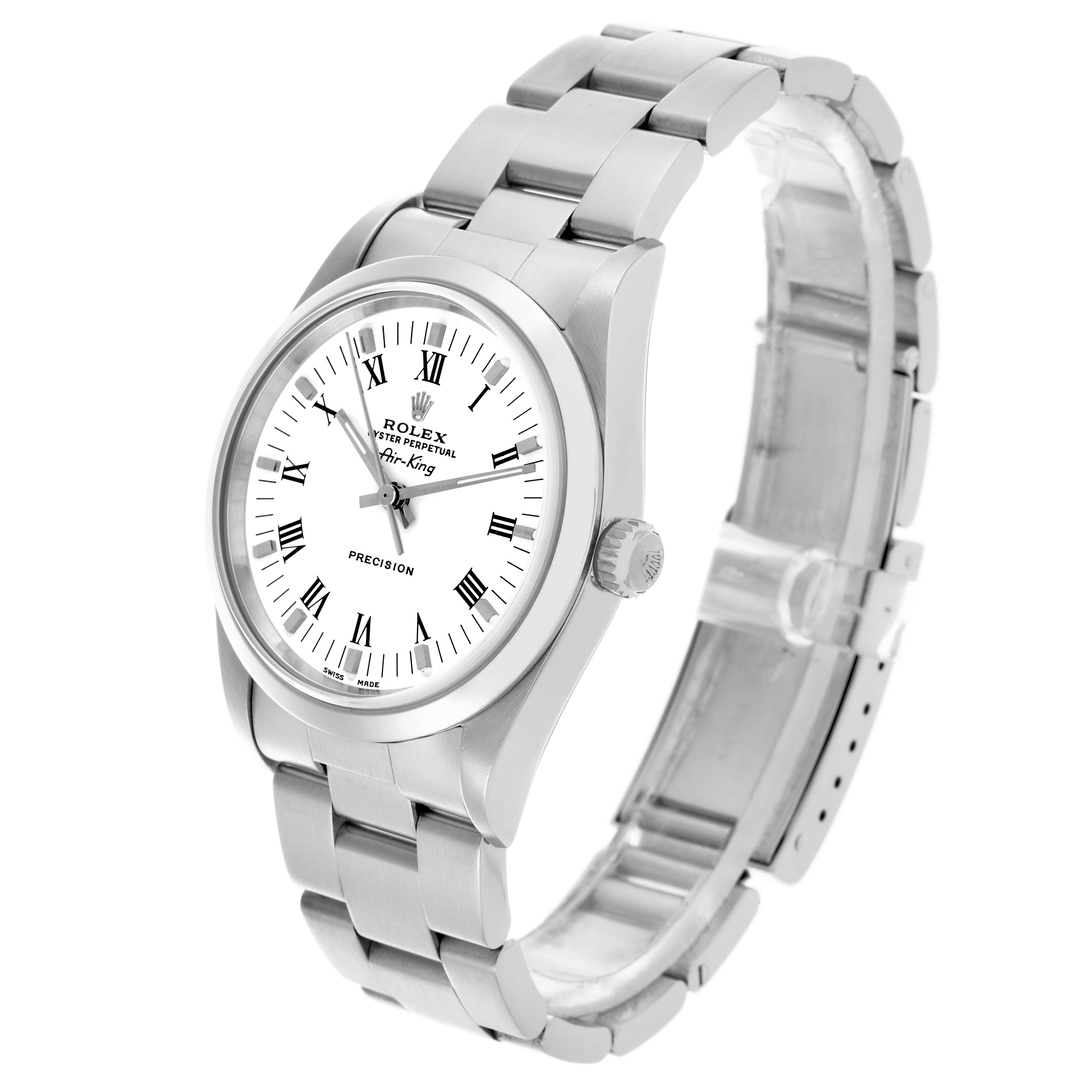 The Rolex Air-King 14000M Men's Stainless Steel White Dial 14000M Men's Stainless Steel White Dial watch is shown at a three-quarter angle highlighting the face, crown, and bracelet.
