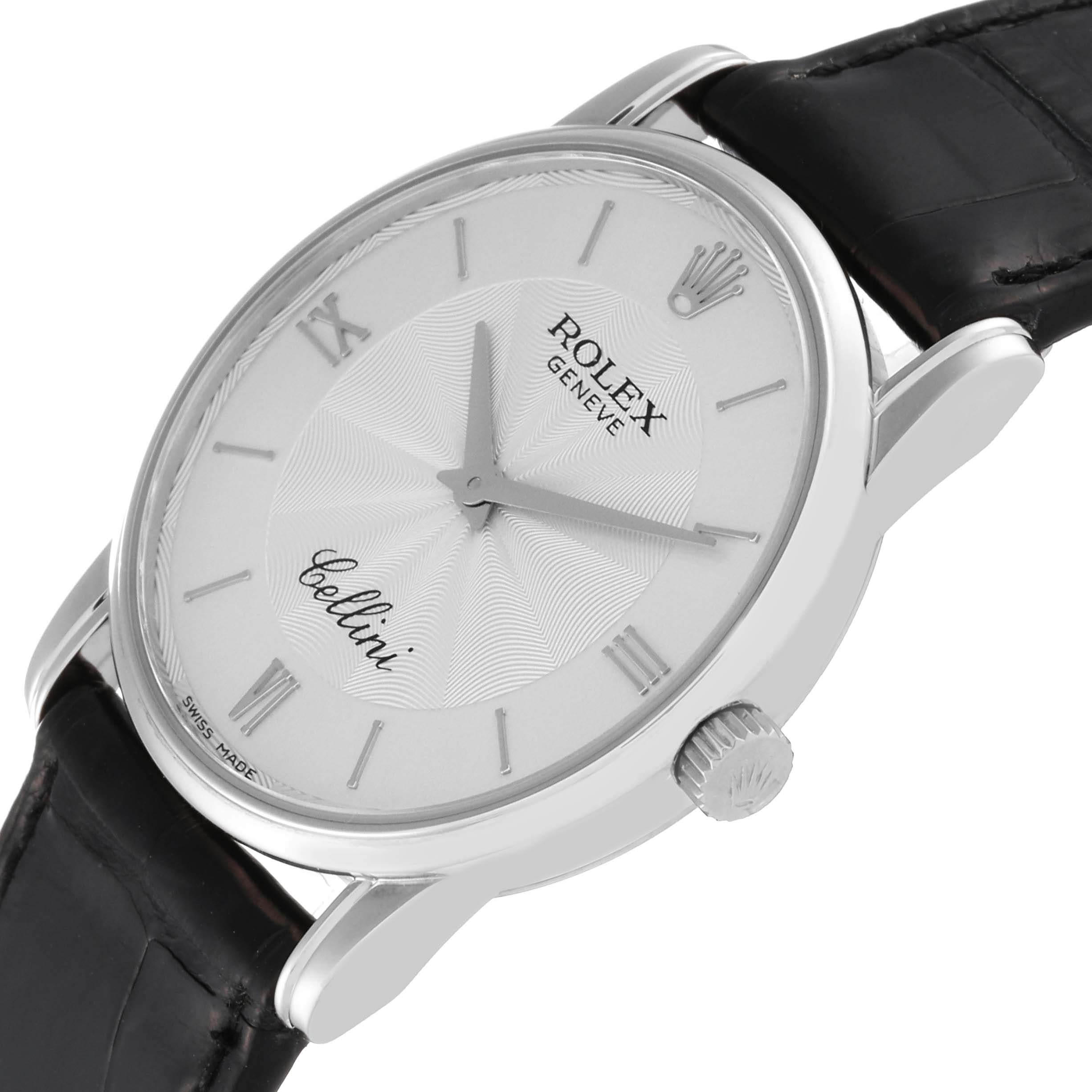This image shows a Rolex Cellini 5116/9 Men
s White Gold Silver Dial 5116/9 Men
s White Gold Silver Dial watch angled slightly from the front, displaying the face, case, crown, and part of the leather strap.