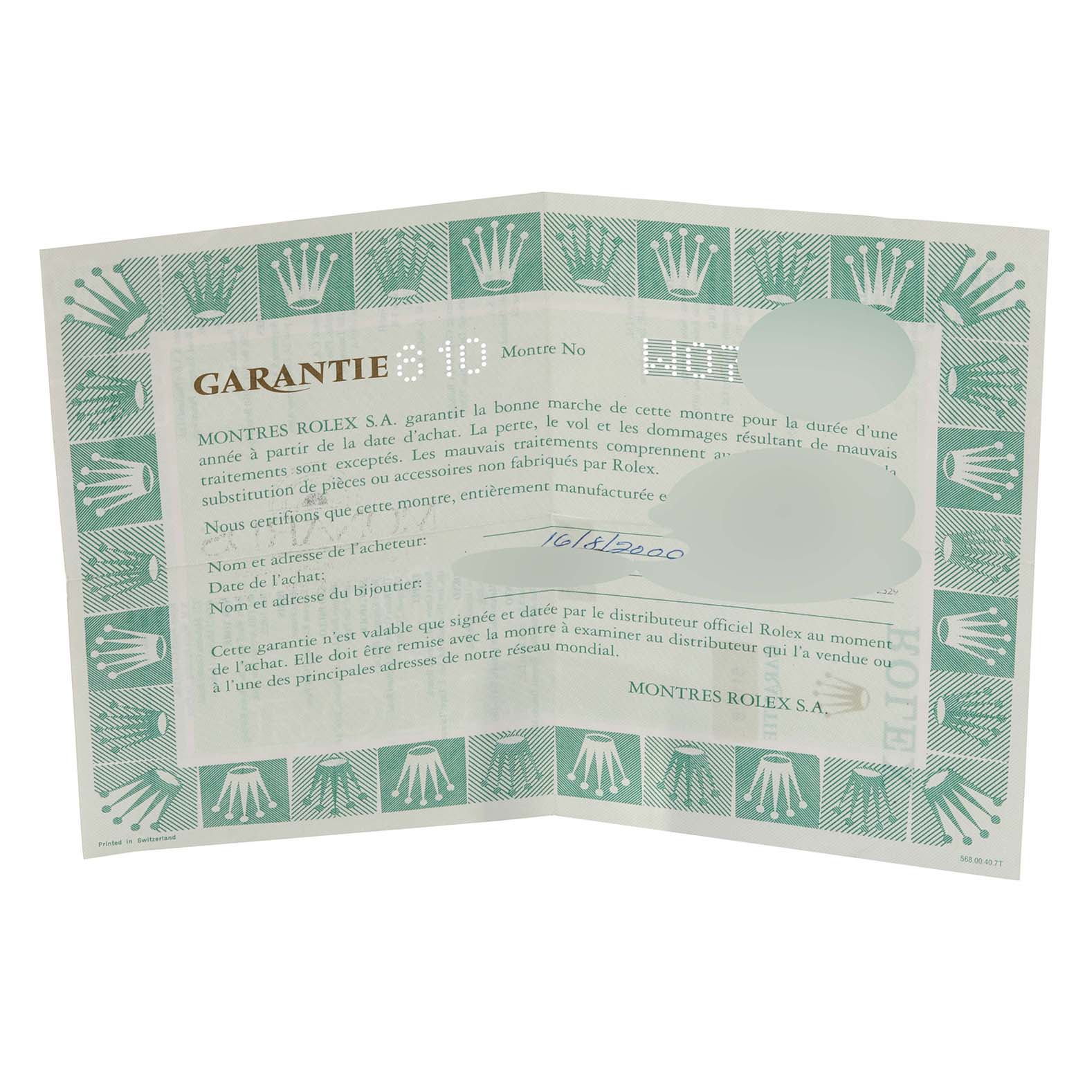 This image shows the warranty card for a Rolex Cellini 5112/8 Men's Yellow Gold Champagne Dial 5112/8 Men's Yellow Gold Champagne Dial watch, with green and white Rolex branding elements visible.