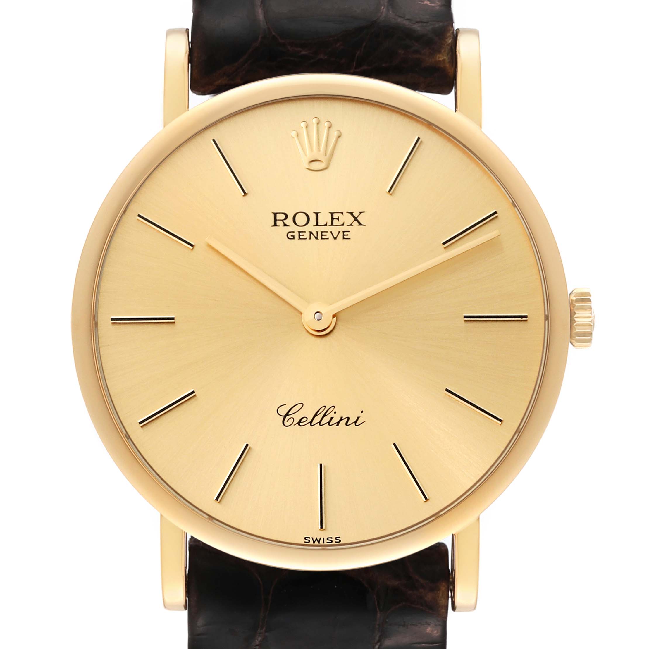 This image shows the front view of a Rolex Cellini 5112/8 Men's Yellow Gold Champagne Dial 5112/8 Men's Yellow Gold Champagne Dial watch featuring its dial, crown, and part of the leather strap.