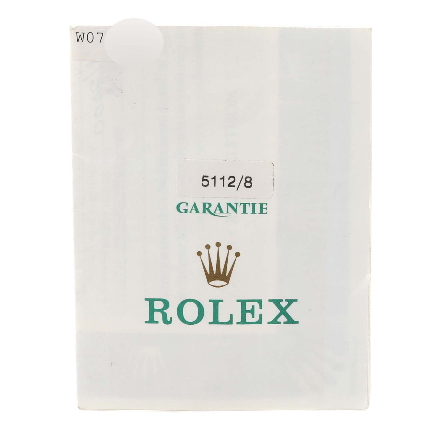 The image shows the front of a warranty card for the Rolex Cellini 5112/8 Men's Yellow Gold Champagne Dial 5112/8 Men's Yellow Gold Champagne Dial model.