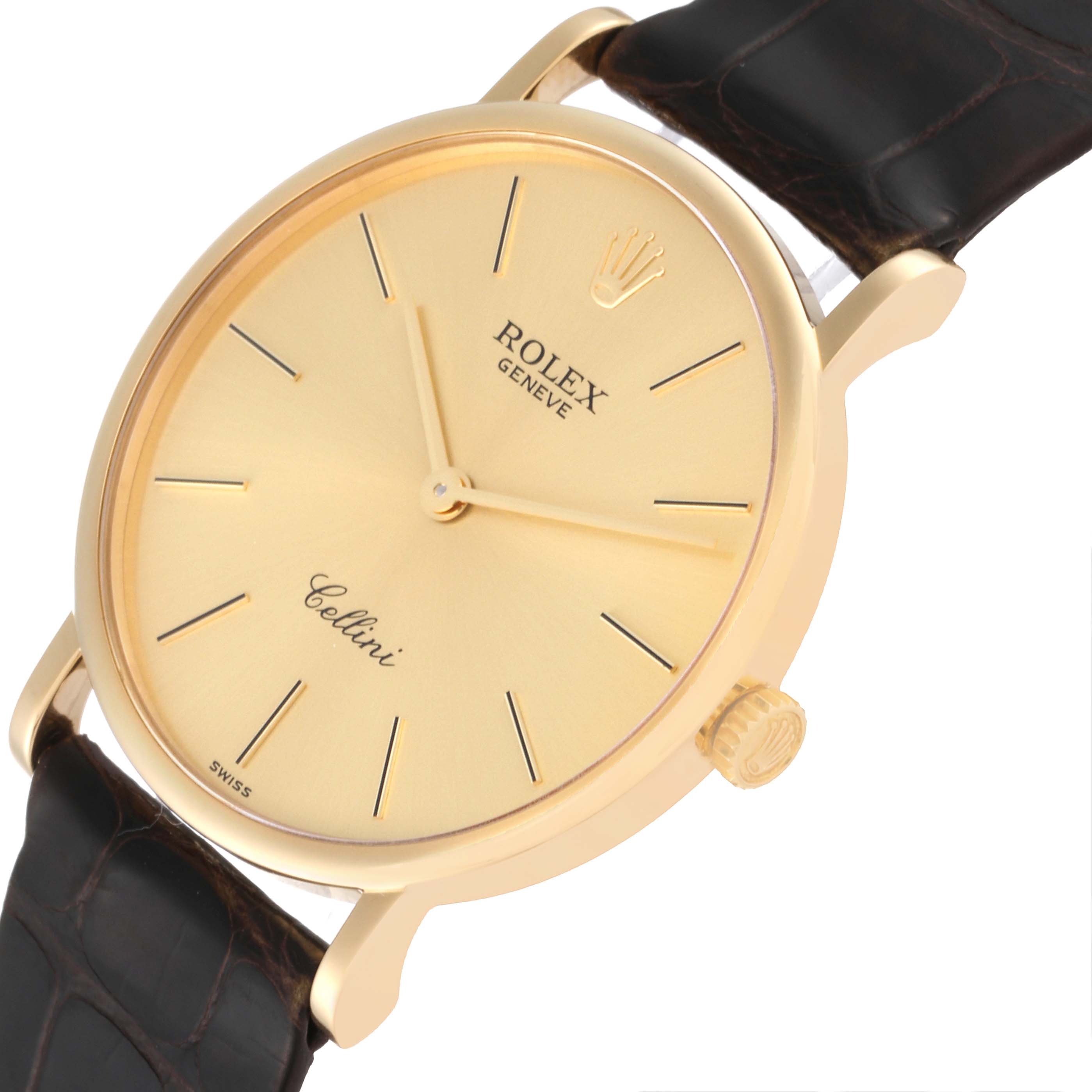 The image shows a close-up angle of the dial and part of the strap of the Rolex Cellini 5112/8 Men's Yellow Gold Champagne Dial 5112/8 Men's Yellow Gold Champagne Dial watch.